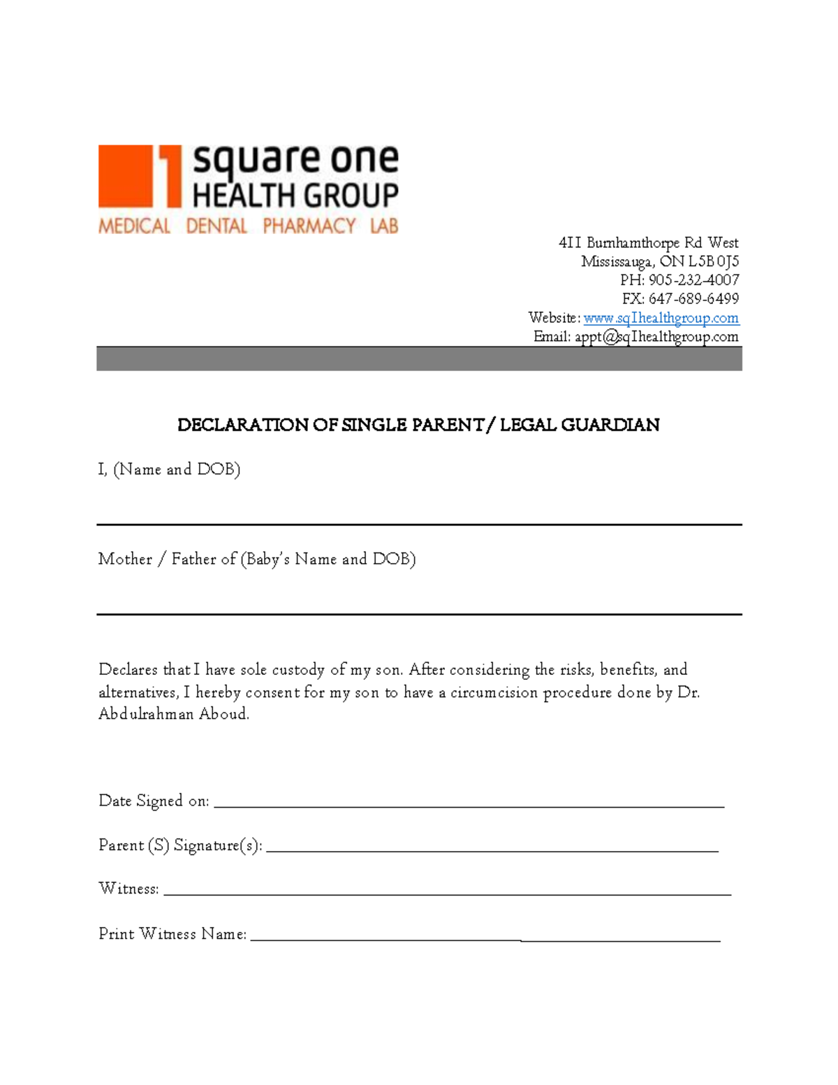 Single Parent Declaration - 411 Burnhamthorpe Rd West Mississauga, ON ...