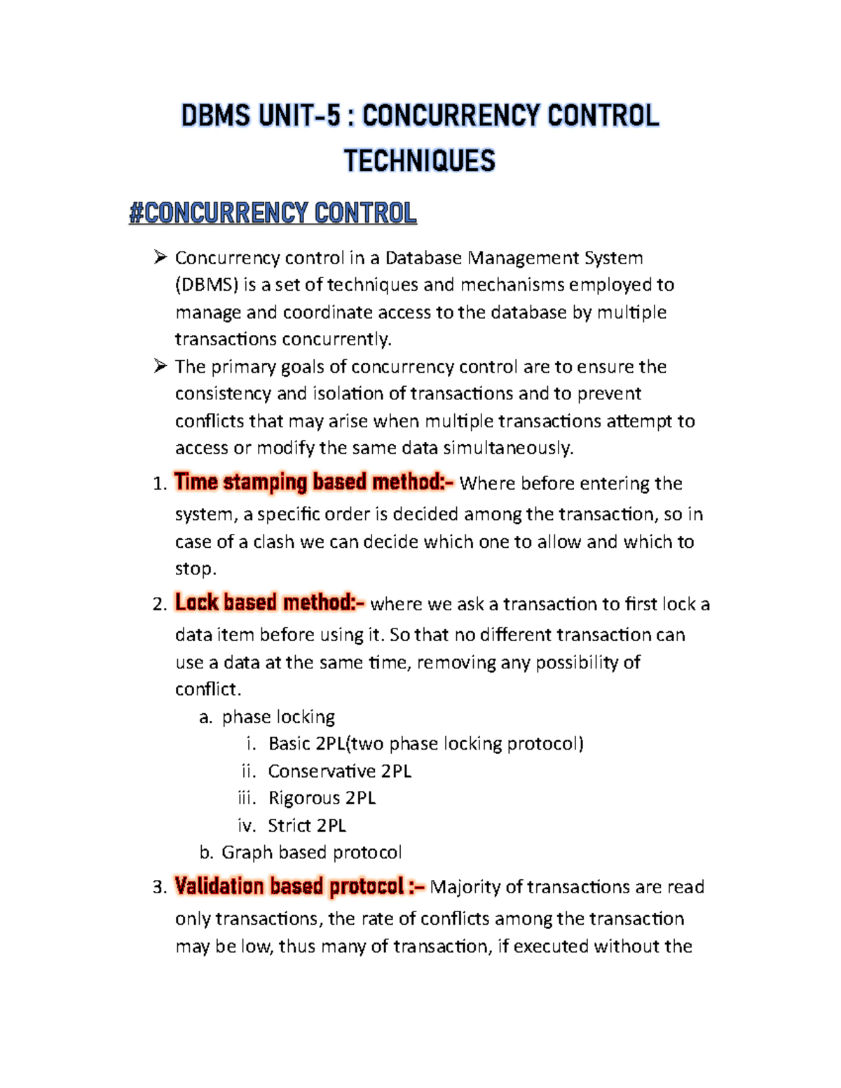 DBMS UNIT-5 ( Concurrency Control Techniques) - DBMS UNIT-5 ...