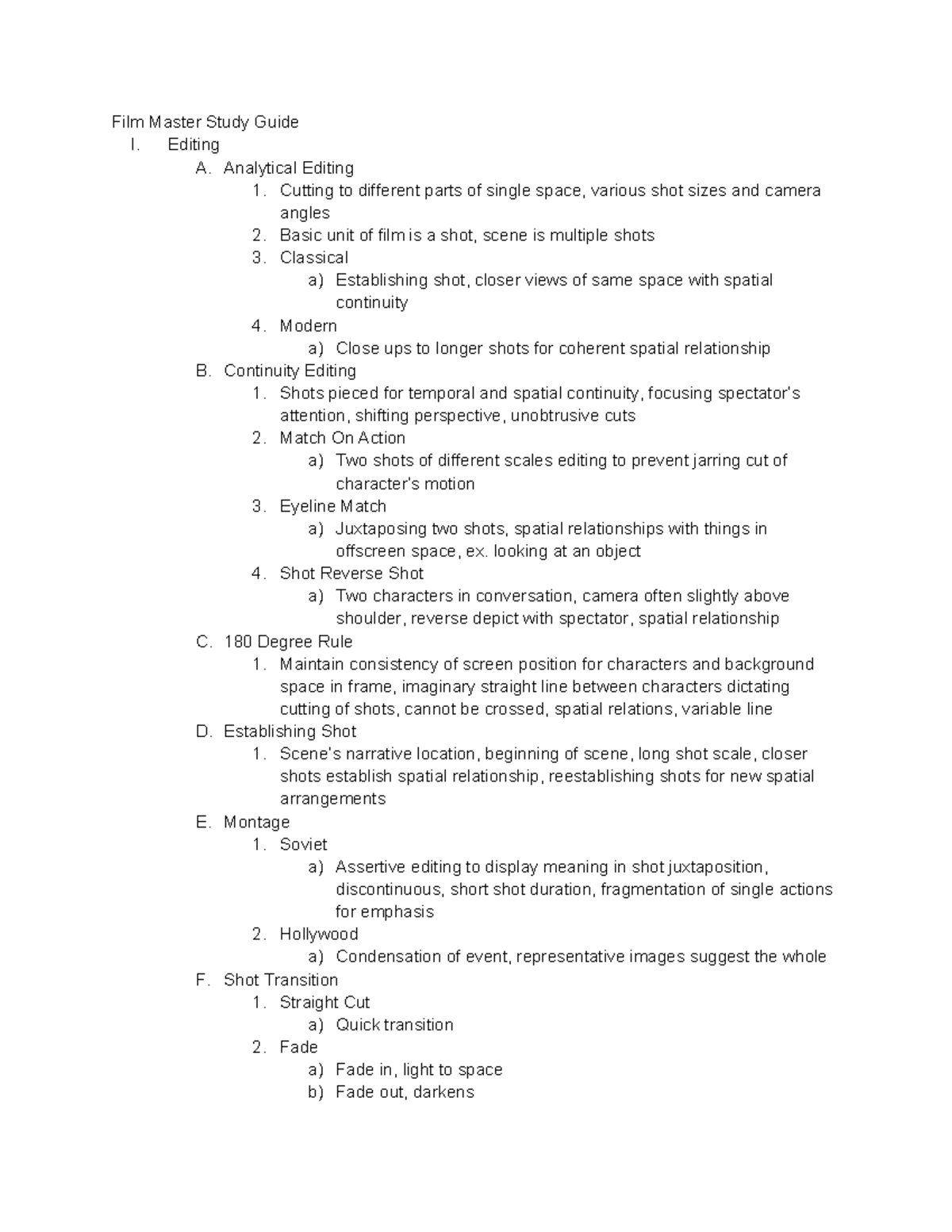 Film Master Study Guide - Editing A. Analytical Editing 1. Cutting to ...