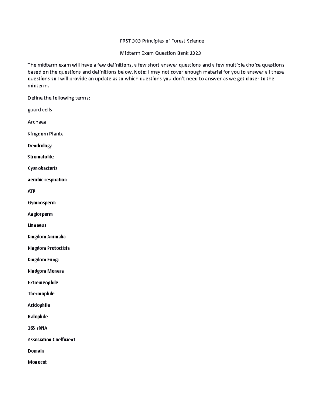 Midterm Question Set FRST 303 2023 revised - FRST 303 Principles of ...