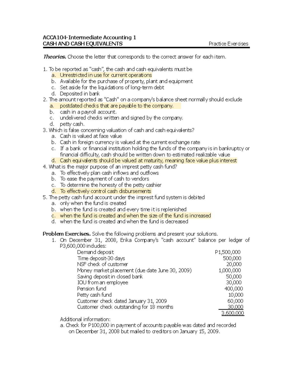 Cash And Cash Equivalent Practice Exercises Student - Acca104 