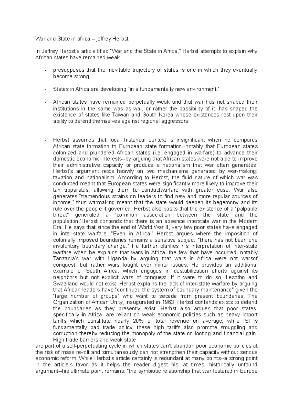 Class two nota War and State in africa jeffrey Herbst In Jeffrey