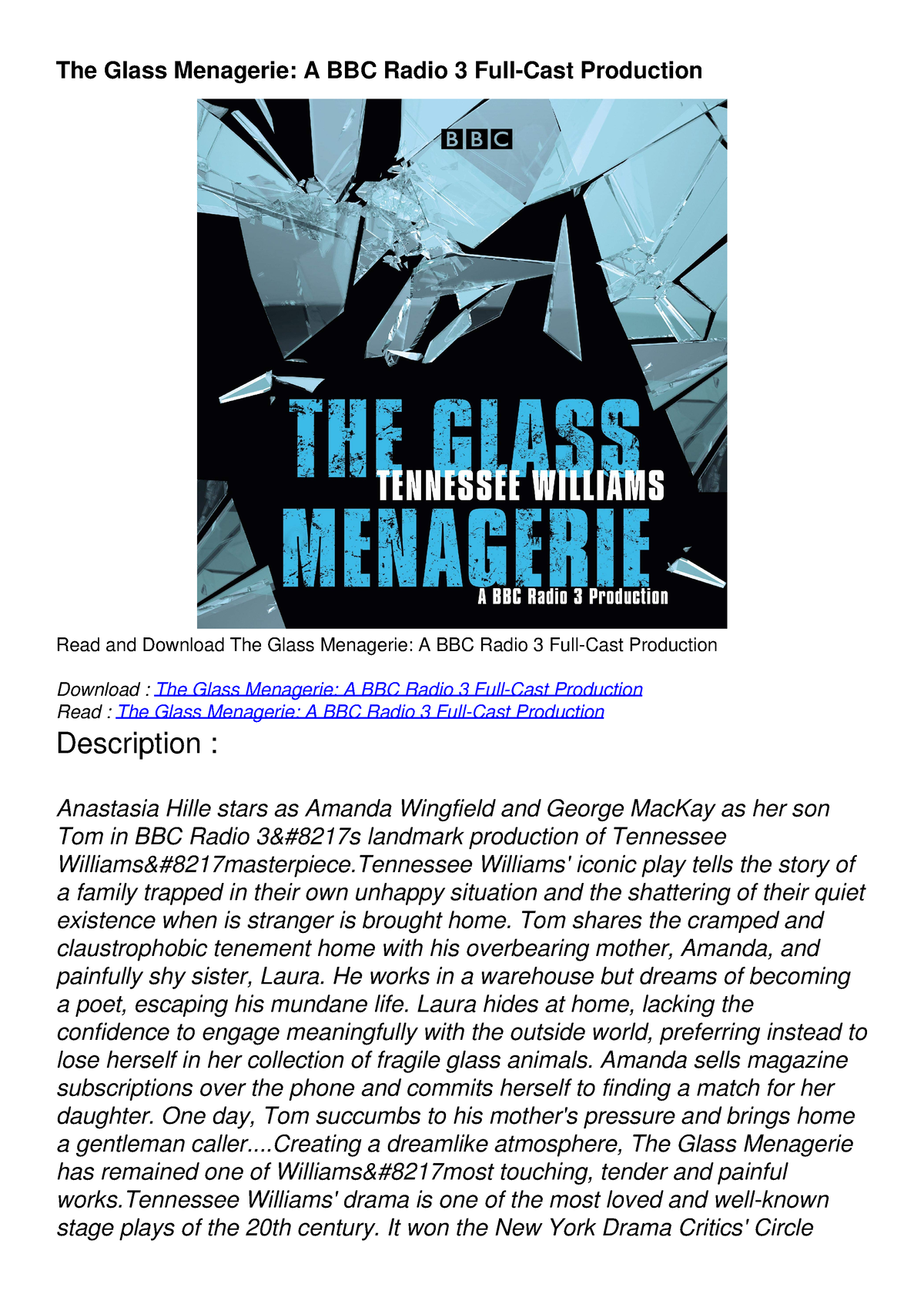 Ebook The Glass Menagerie A BBC Radio 3 Full Cast Production Download   Thumb 1200 1698 