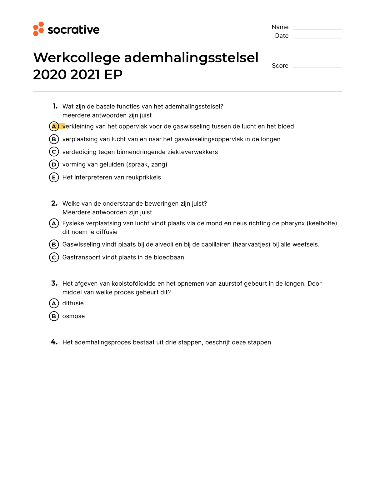 Quiz Werkcollege Ademhalingsstelsel 2020 2021 - Name Date Werkcollege ...