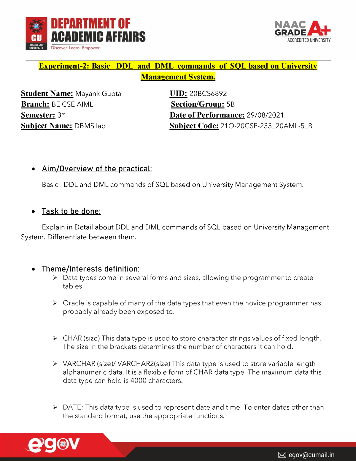 Basic DDL and DML commands of SQL based on University Management System