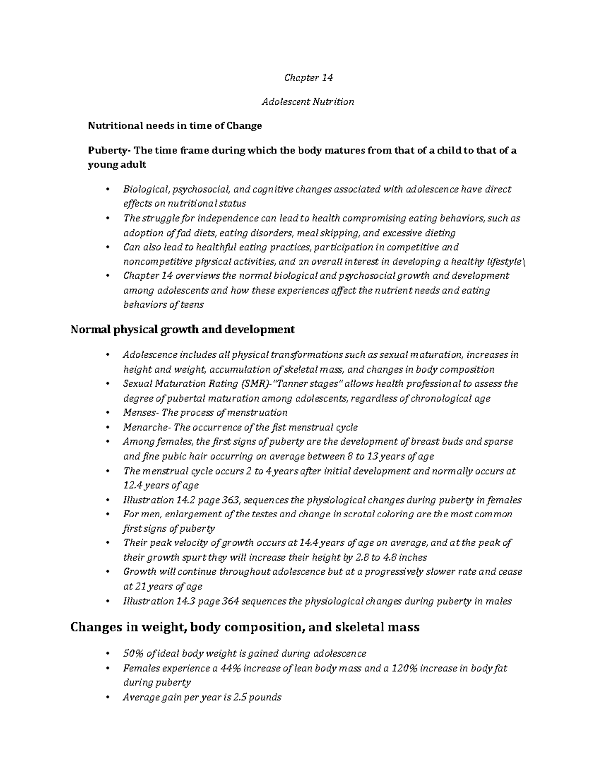 Chapter 14 NTDT305 - Chapter 14 Adolescent Nutrition Nutritional needs ...