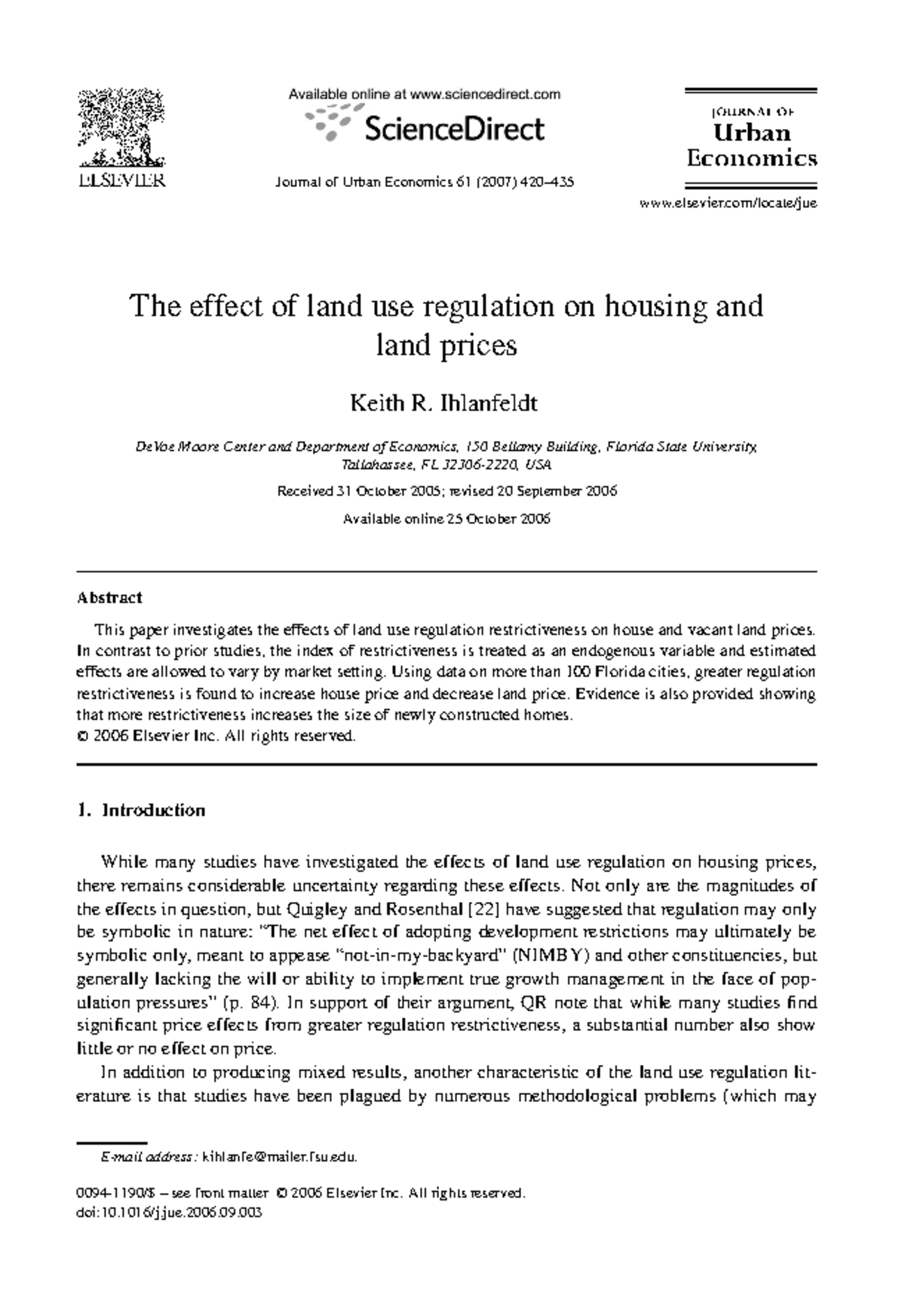 Land use regulation florida Journal of Urban Economics 61 (2007) 420