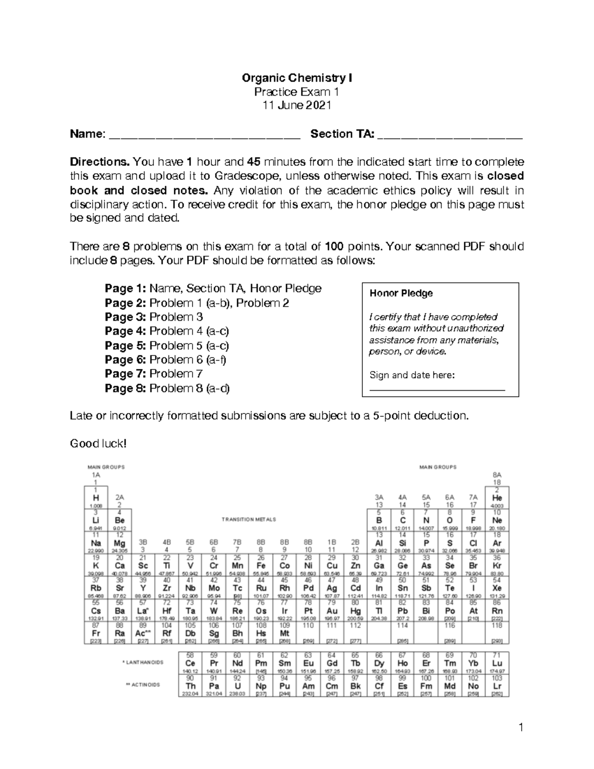 OChem 1 Practice Exam 1 SU21 - ####### Organic Chemistry I ...