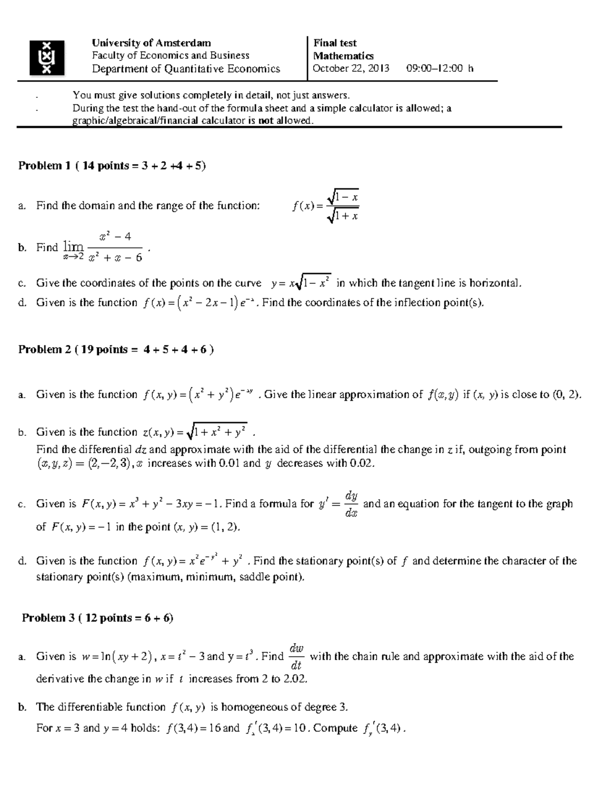 Exam 22 October 13 Questions And Answers University Of Amsterdam Faculty Of Economics And Studeersnel