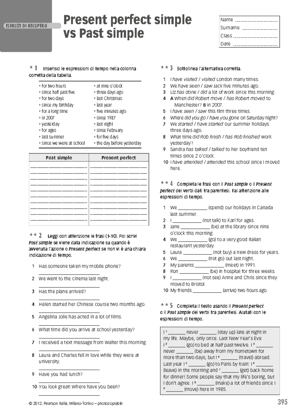 SSSG Inglese Present Perfect Simple Vs Past Simple 2012 Pearson 