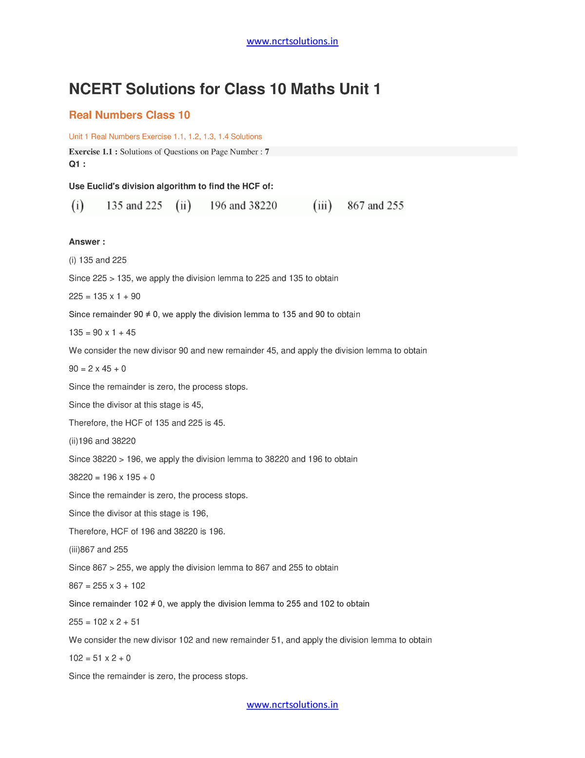 Chapter 1 Real Numbers - NCERT Solutions For Class 10 Maths Unit 1 Real ...