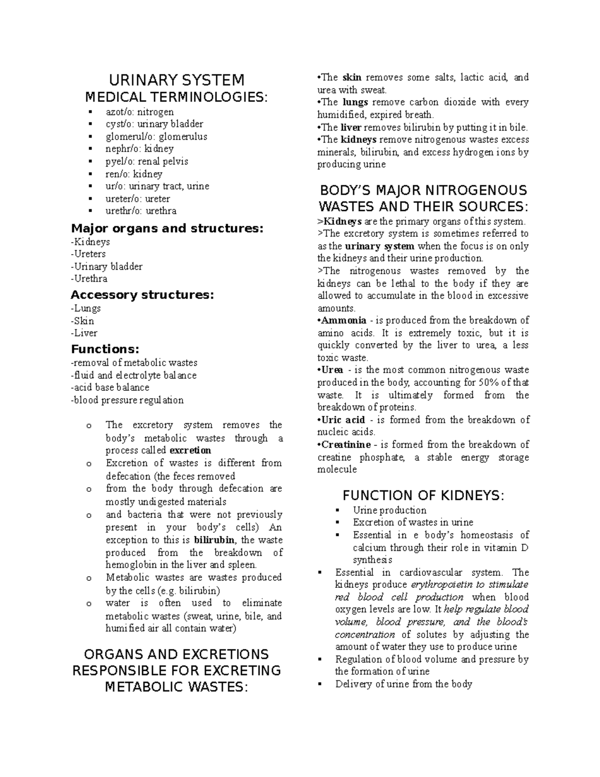 Urinary System reviewer URINARY SYSTEM MEDICAL TERMINOLOGIES azot/o