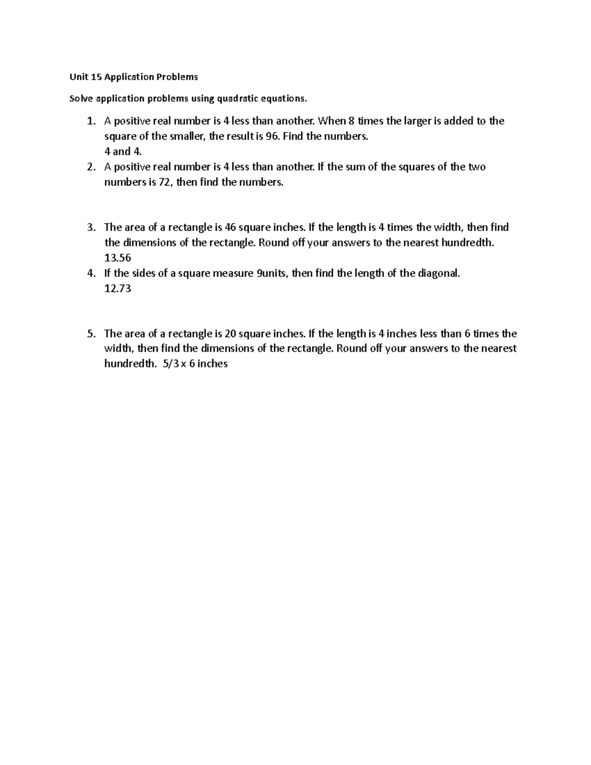 Unit 15 Problems 2020 herring Unit 15 Application Problems Solve