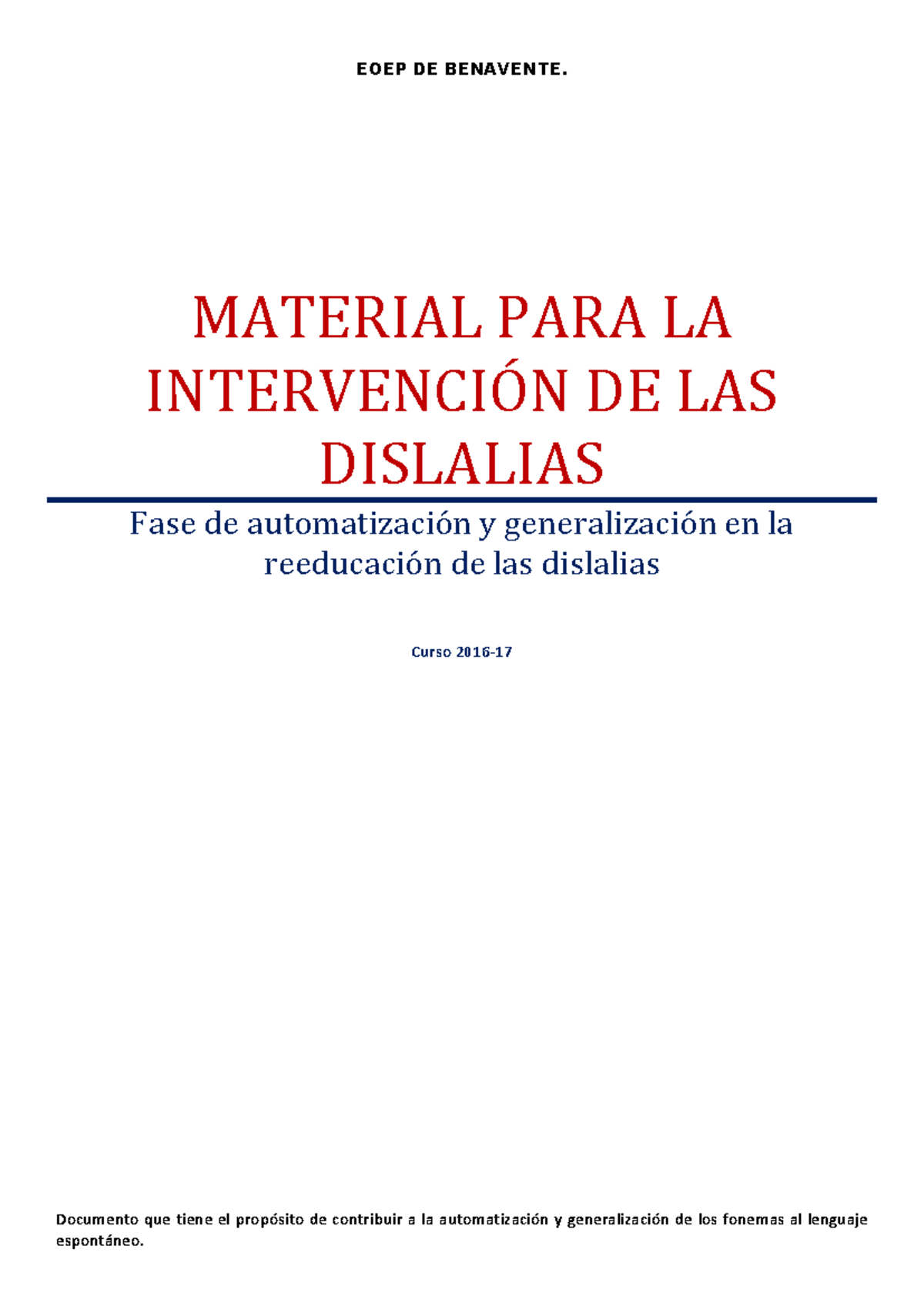 Generalizacion Intervencion Dislalias - EOEP DE BENAVENTE. MATERIAL ...