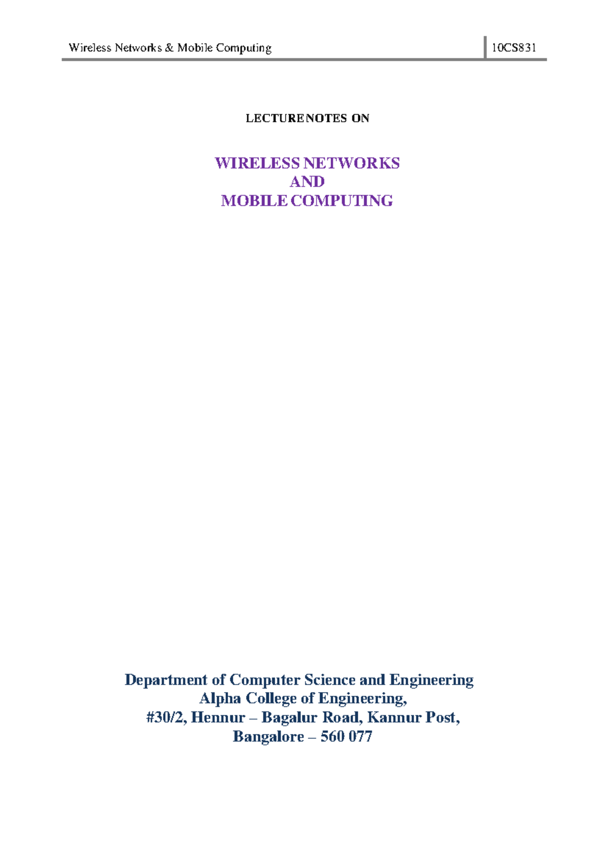 Notes covering all topics - LECTURE NOTES ON WIRELESS NETWORKS AND ...