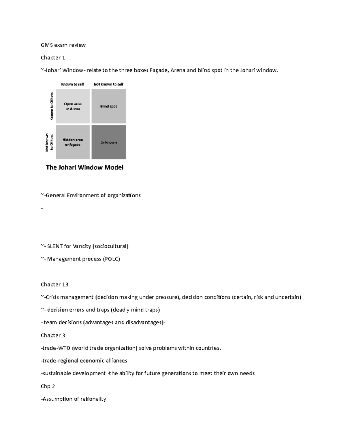 GMS Exam Review - Grade: B - GMS Exam Review Chapter 1 ~-Johari Window ...