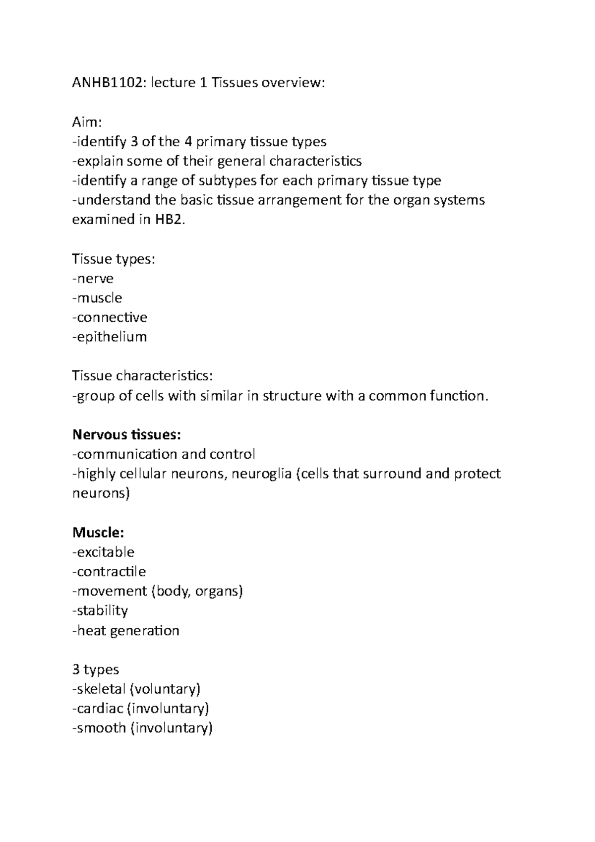 L01 tissues overview - Lecture notes first - ANHB1102 - UWA - Studocu