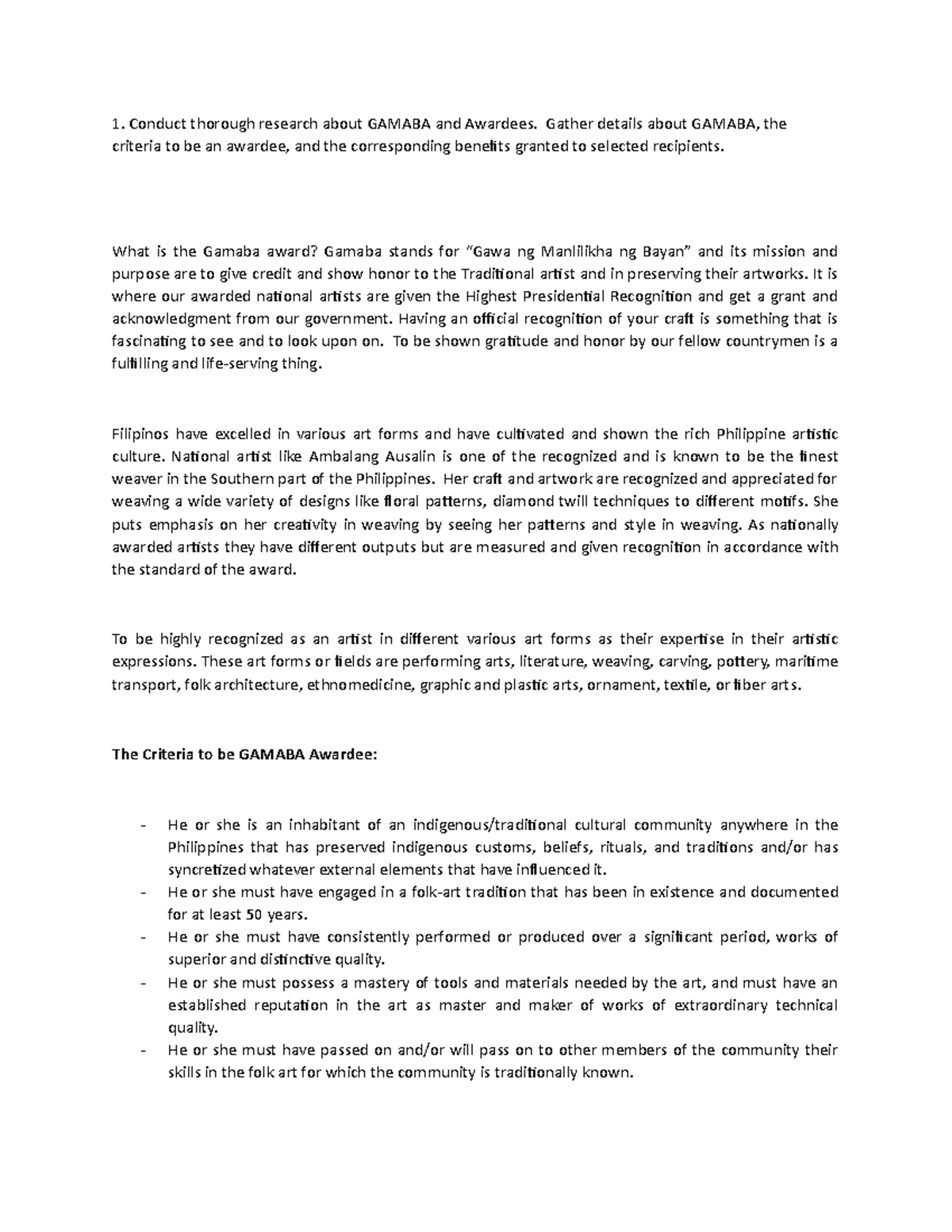 GE1 ARTS Gamaba Award Research Conduct thorough research about GAMABA