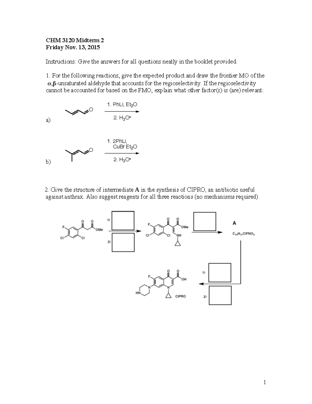 Exam November 2015, Questions And Answers - 1 CHM 3120 Midterm 2 Friday ...