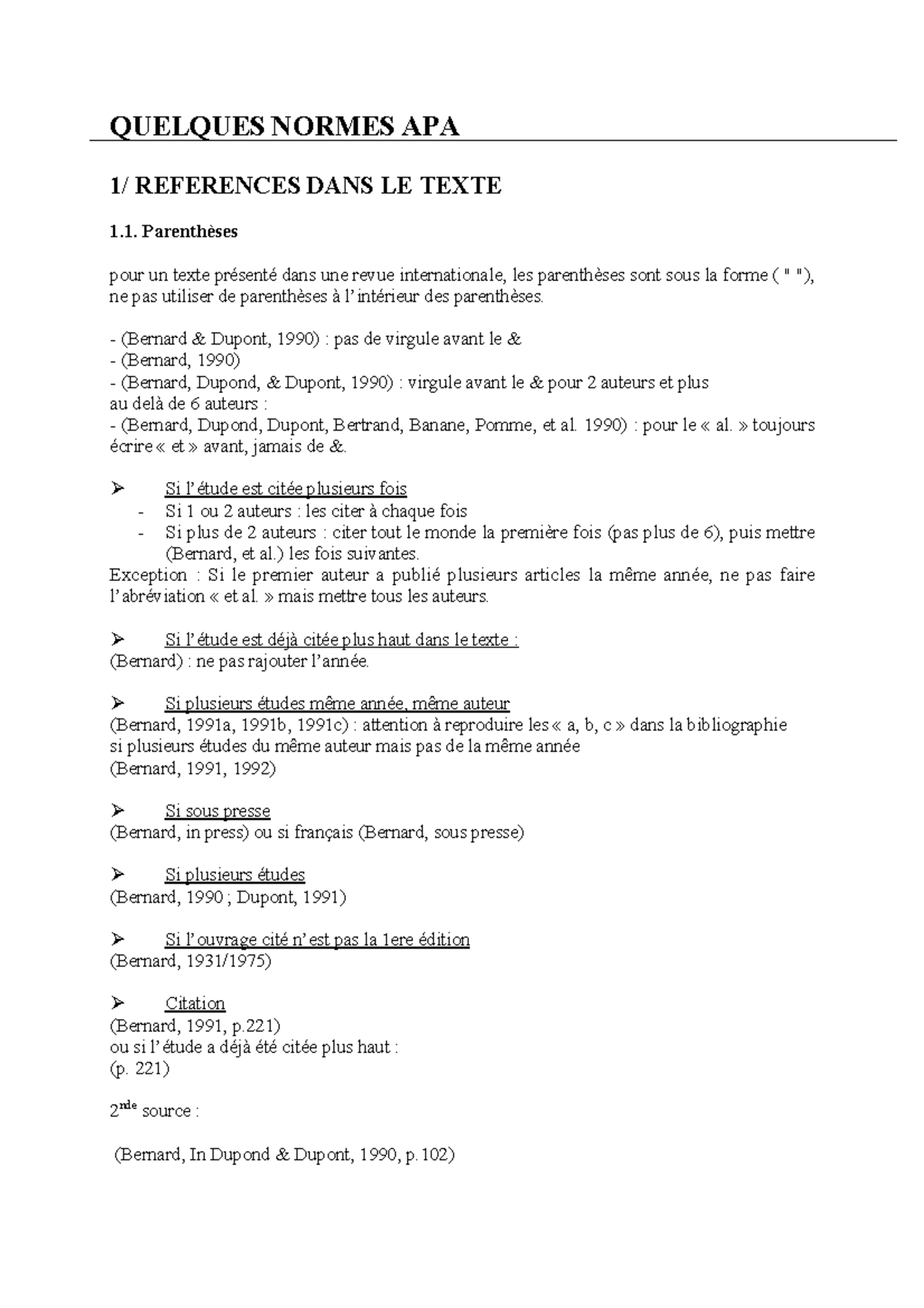 Aides Aux Normes Apa Quelques Normes Apa 1 References Dans Le Texte Parentheses Pour Un Texte Studocu