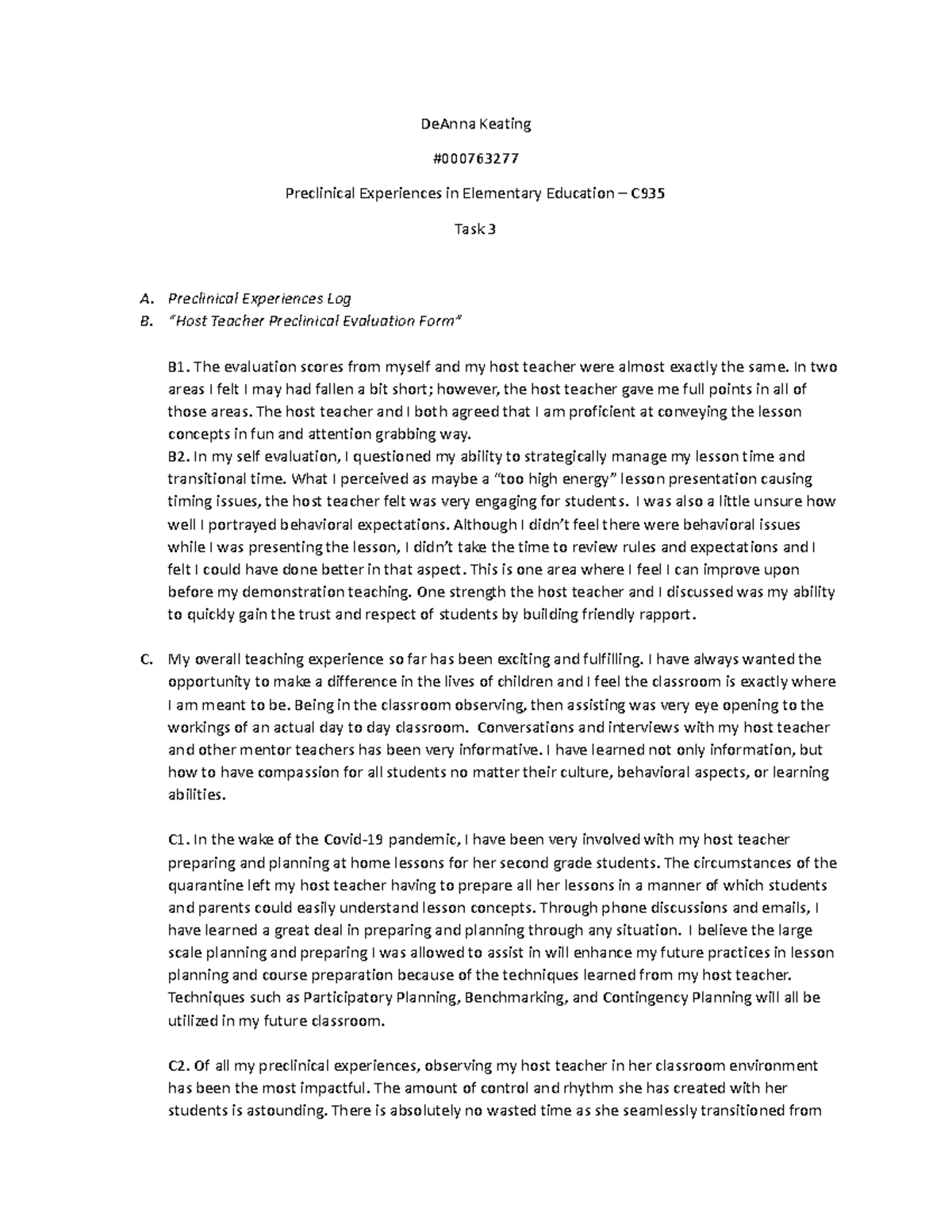 Pce task 3 PCE example DeAnna Keating Preclinical Experiences in