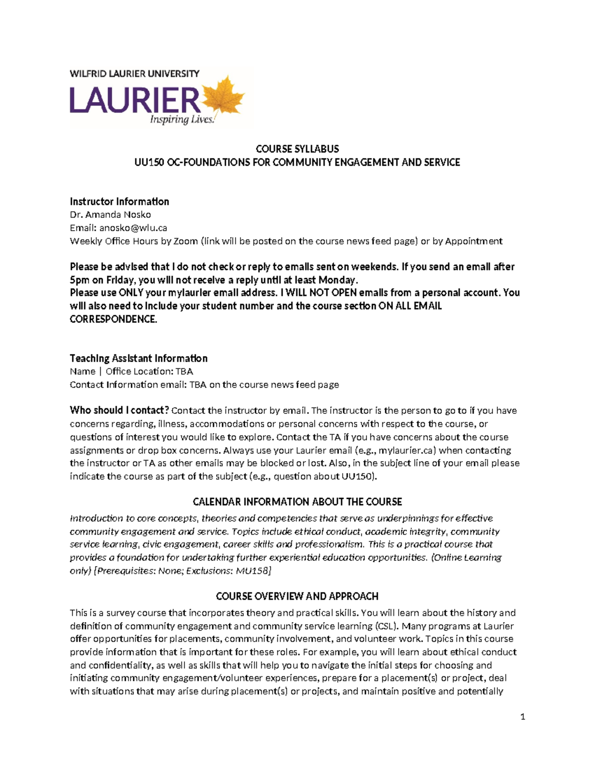 UU150 Syllabus F23 - COURSE SYLLABUS UU150 OC-FOUNDATIONS FOR COMMUNITY ...