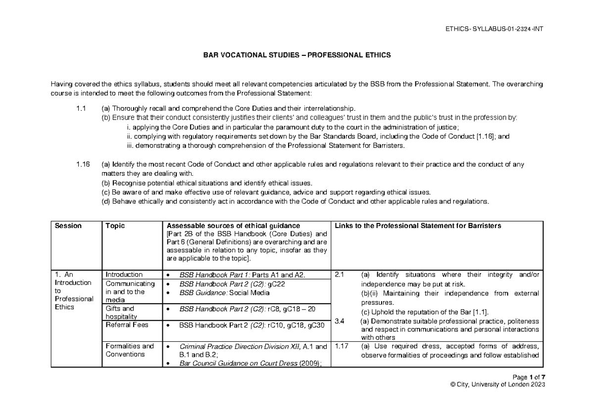 Syllabus - Summary Ethics - Page 1 of 7 BAR VOCATIONAL STUDIES ...