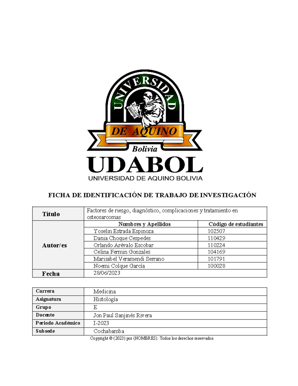 Osteosarcoma Monografia [ Final] - FICHA DE IDENTIFICACIÓN DE TRABAJO ...