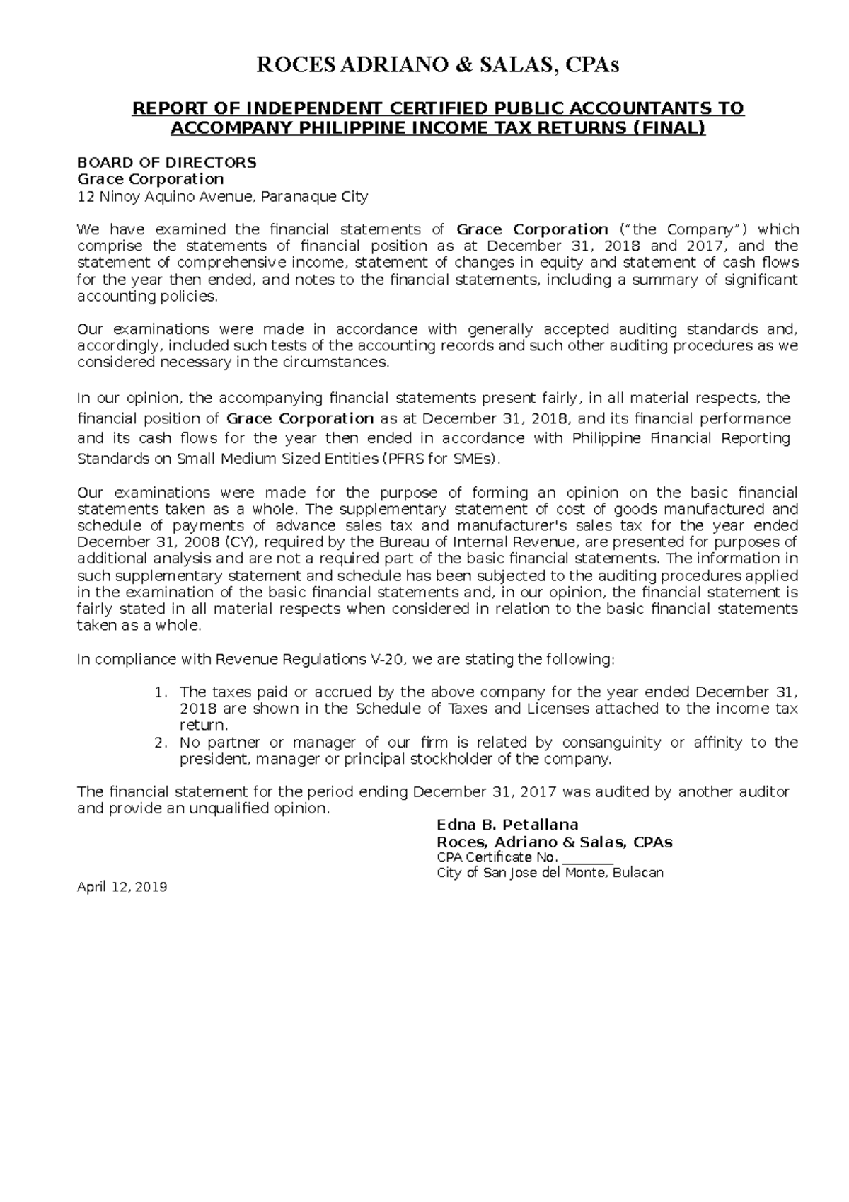 A1-Audit-Report - Coursework for accounting - ROCES ADRIANO & SALAS ...