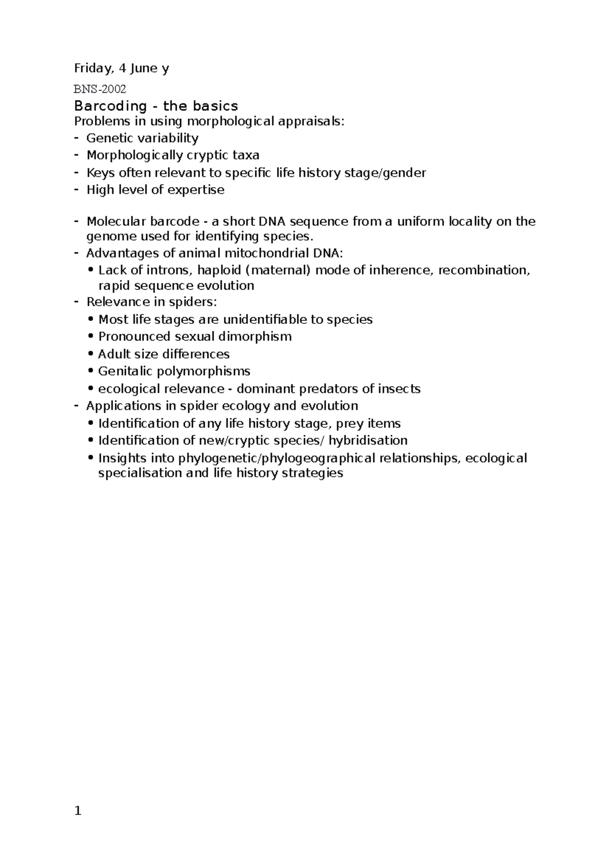 Evolution and genetics 2 - Friday, 4 June y BNS- Barcoding - the basics ...