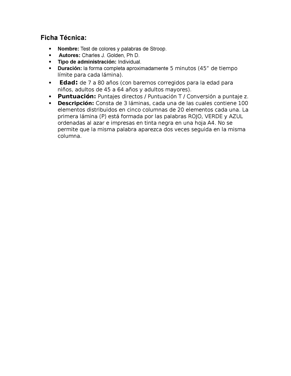Test Stroop Ficha Técnica Nombre Test De Colores Y Palabras De Stroop Autores Charles J 2311