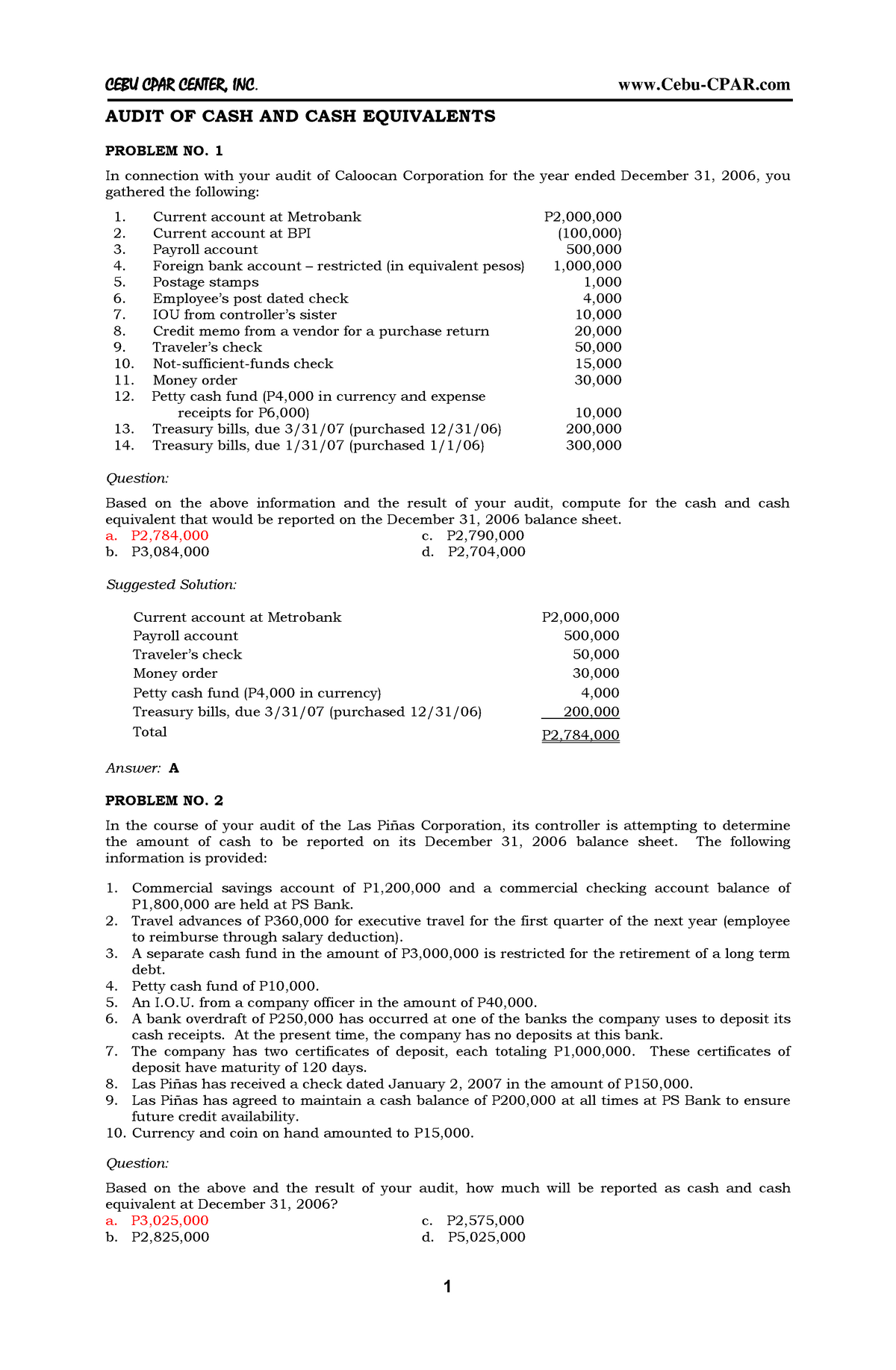 Cash And Cash Equivalents Quizzer - Auditing - Studocu