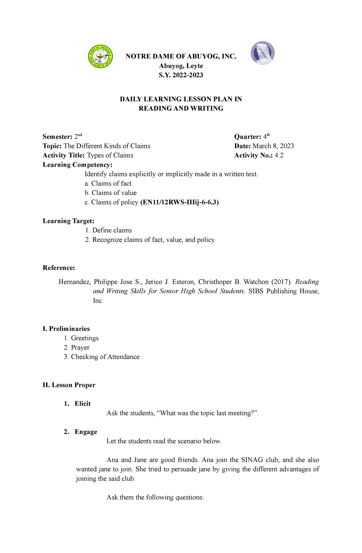 4.2 Types Claims - Lesson Plan - NOTRE DAME OF ABUYOG, INC. Abuyog ...