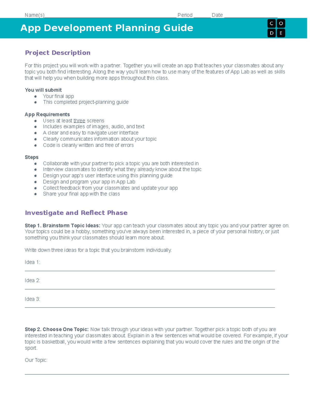 CSP Unit 3 App Development Planning Guide - Name(s