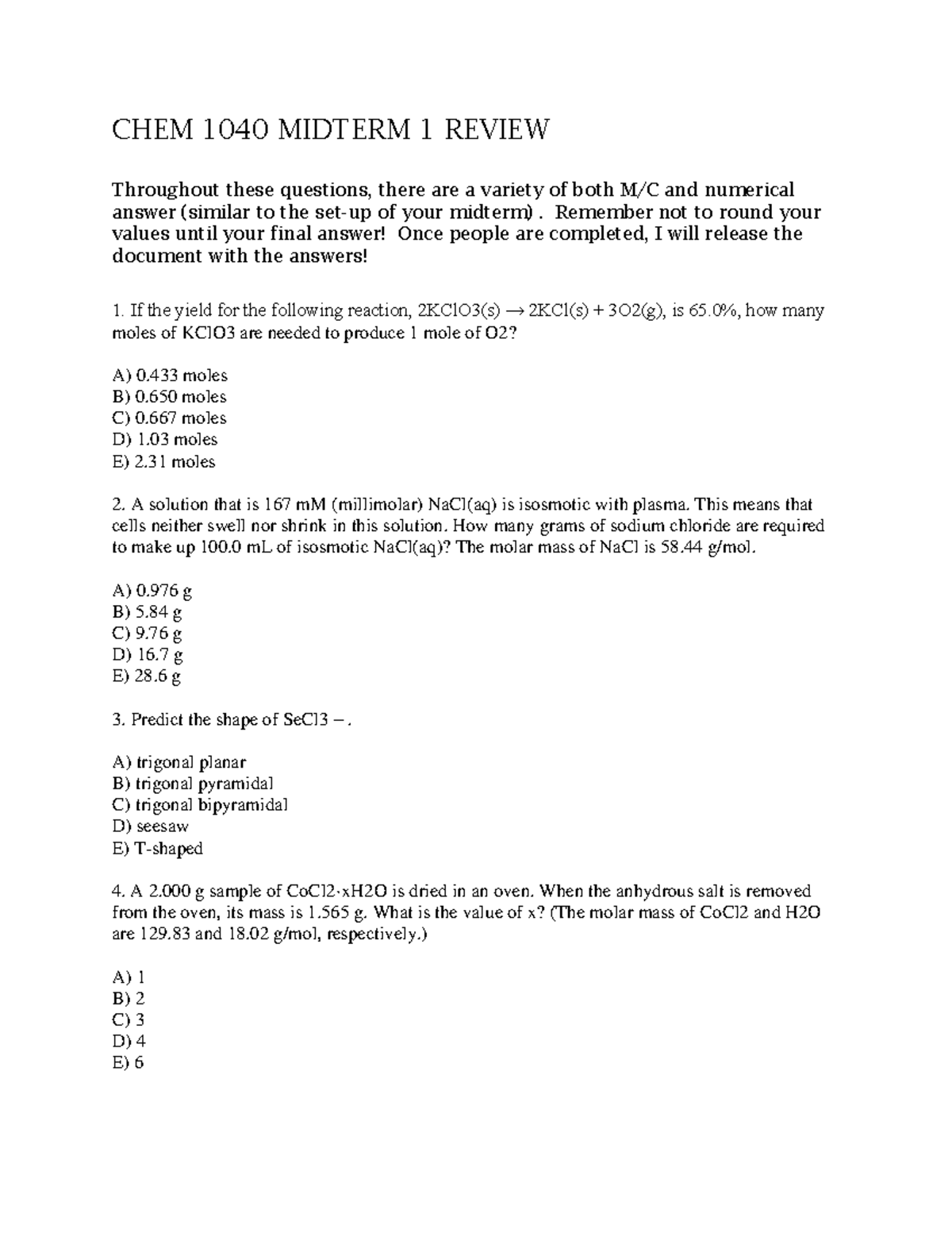 Mock Midterm Because I Love My Homies - CHEM 1040 - U of G - Studocu