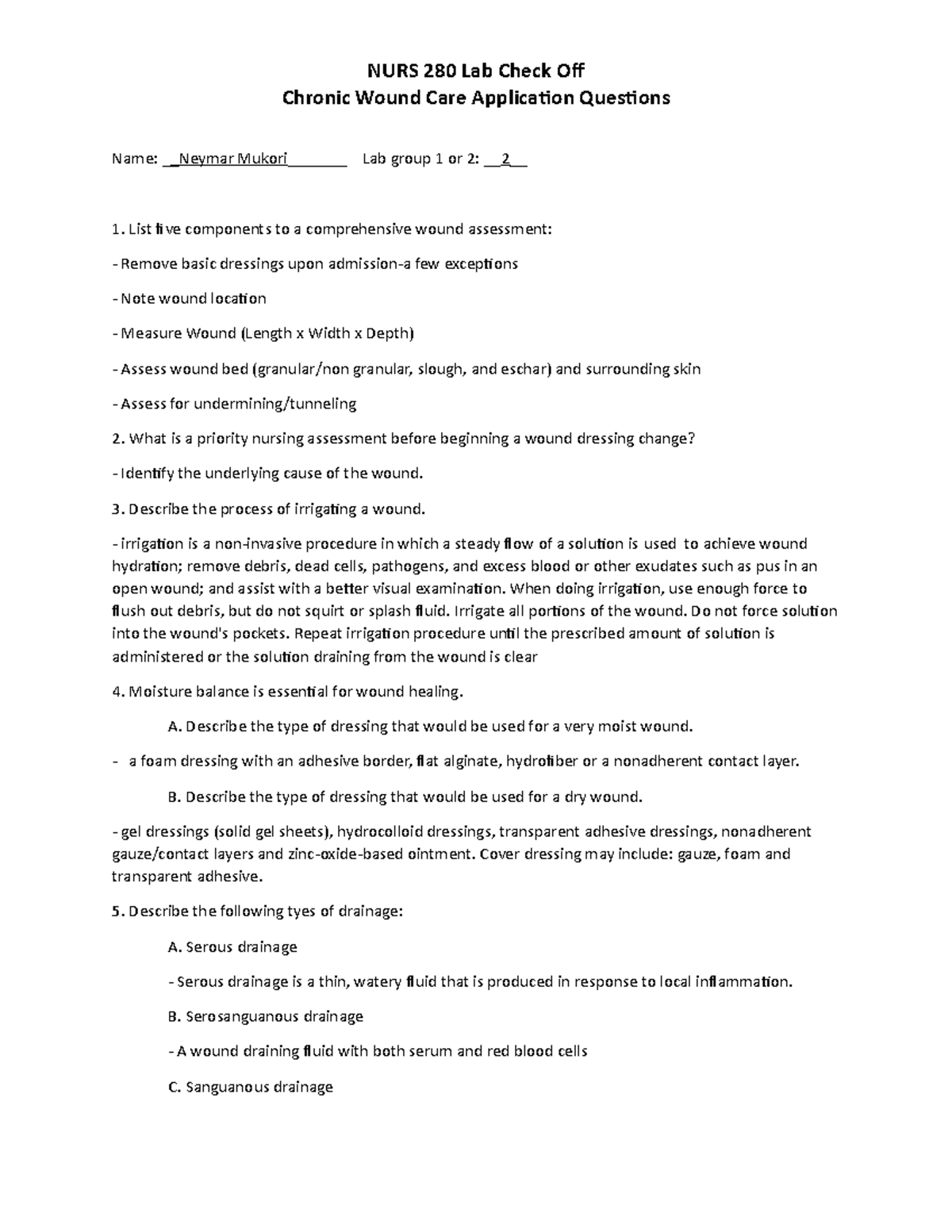 Dressing Change PreLab Worksheet Notes NURS 280 Lab Check Of Chronic