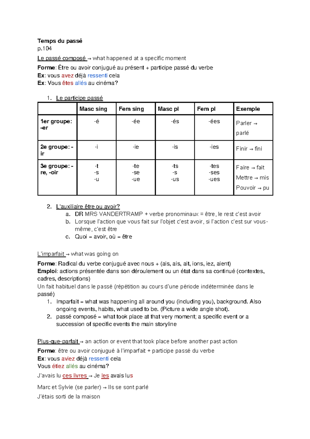 2. Temps du passé - week 2 notes - Temps du passé p. Le passé composé → ...