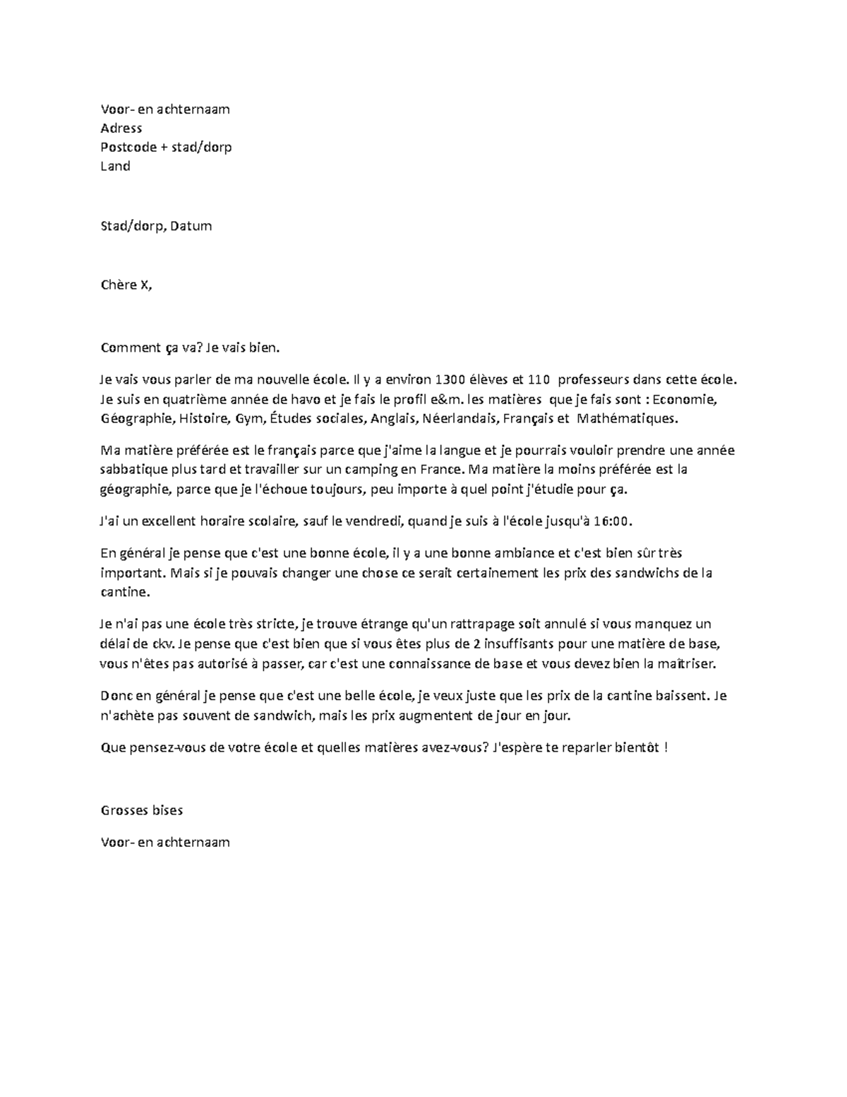 Brief geschreven in het frans - Voor- en achternaam Adress Postcode ...