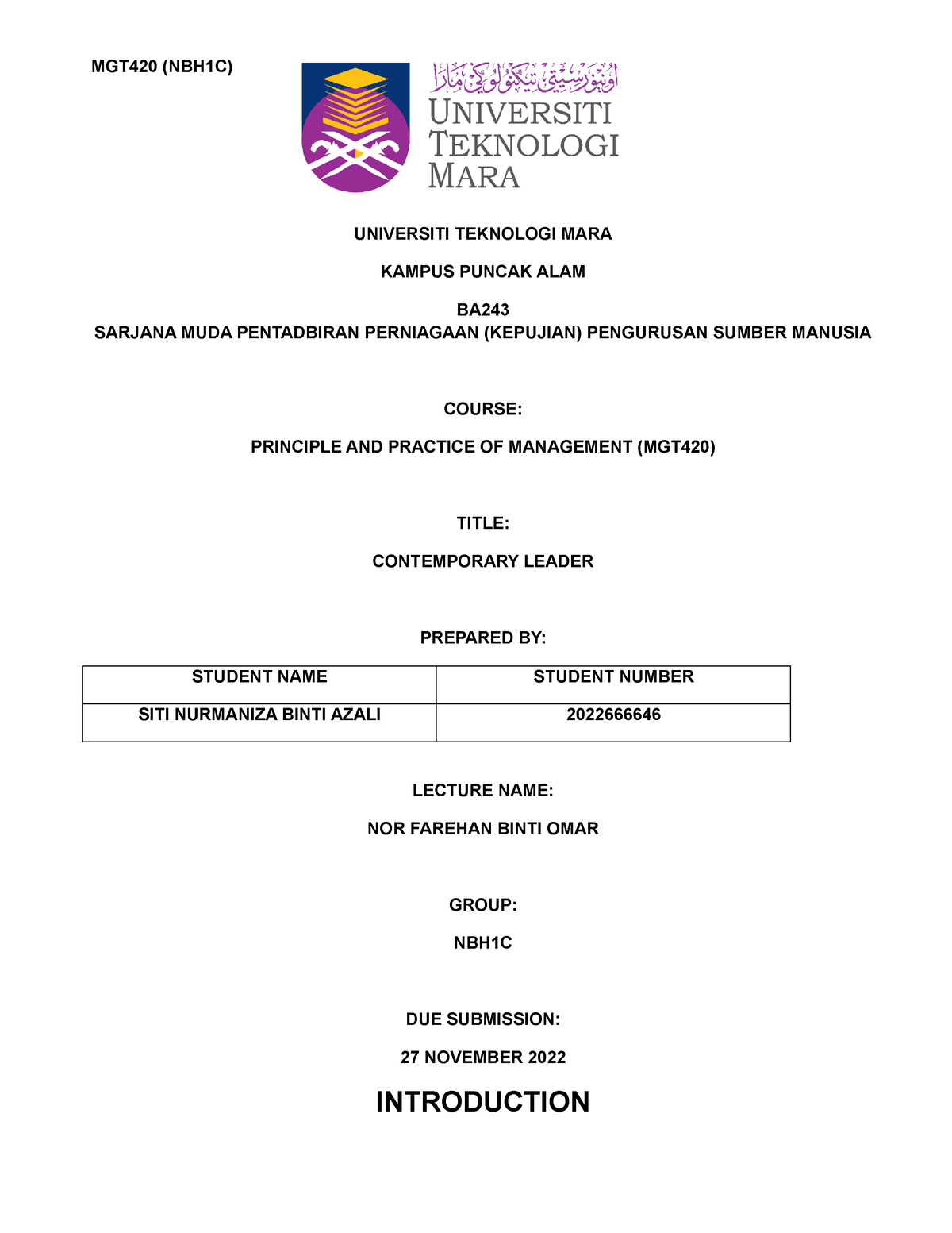 IND Assignment MGT 420 - law - UNIVERSITI TEKNOLOGI MARA KAMPUS PUNCAK ...