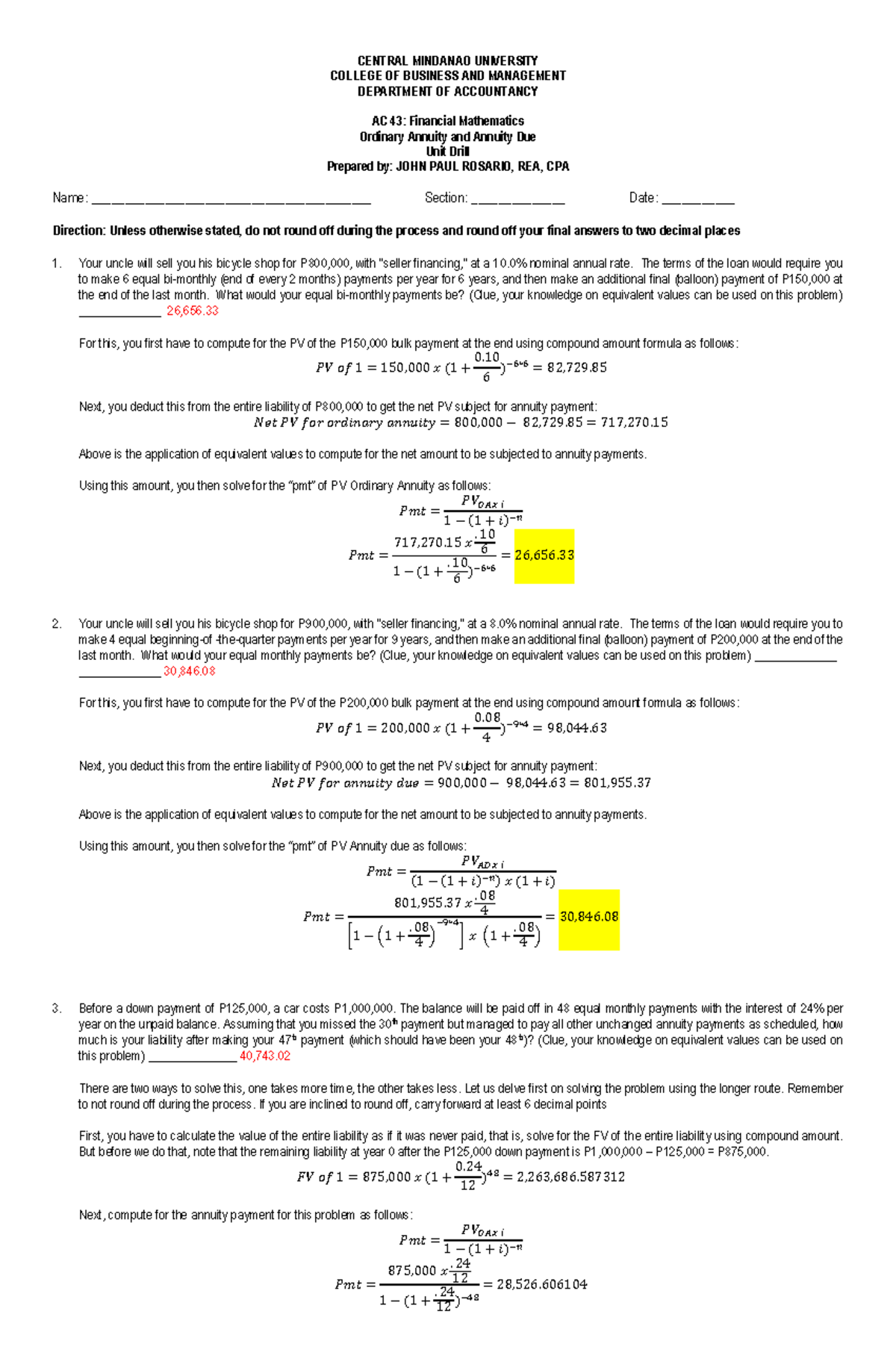 AC 43 Fin Math Unit IV&V Unit Drill Answer Key - CENTRAL MINDANAO ...