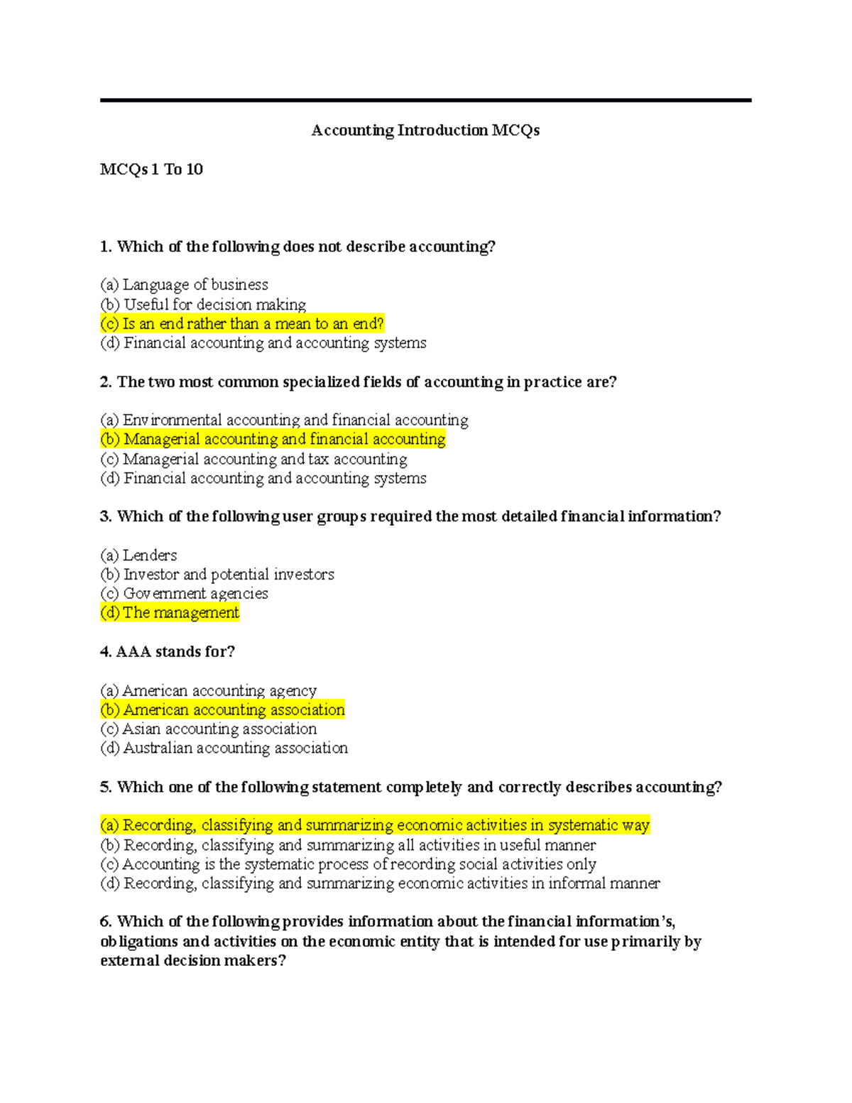 Accounting Introduction MCQs Studocu