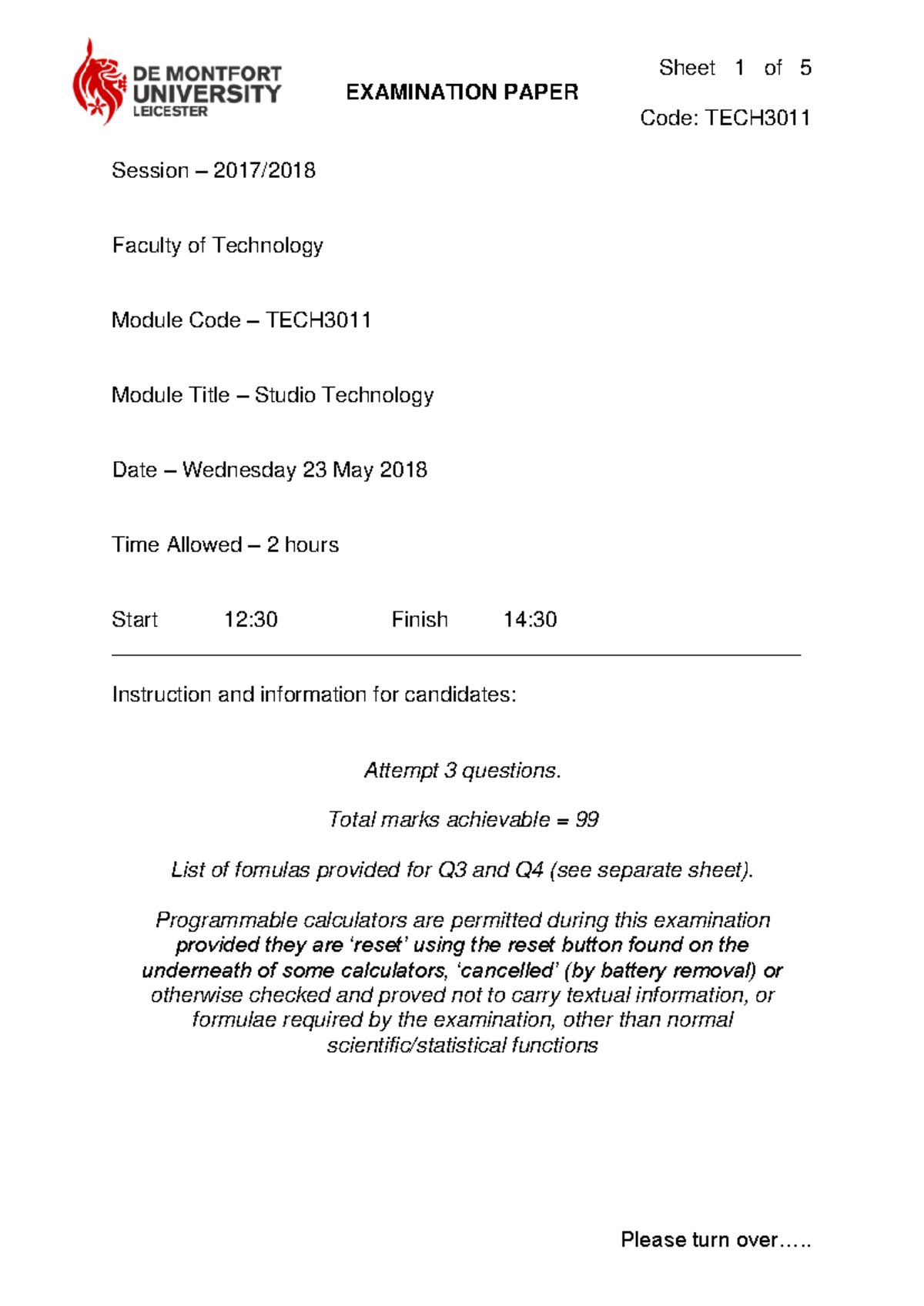 TECH3011 - EXAM - Sheet 1 of 5 EXAMINATION PAPER Code: TECH Session ...