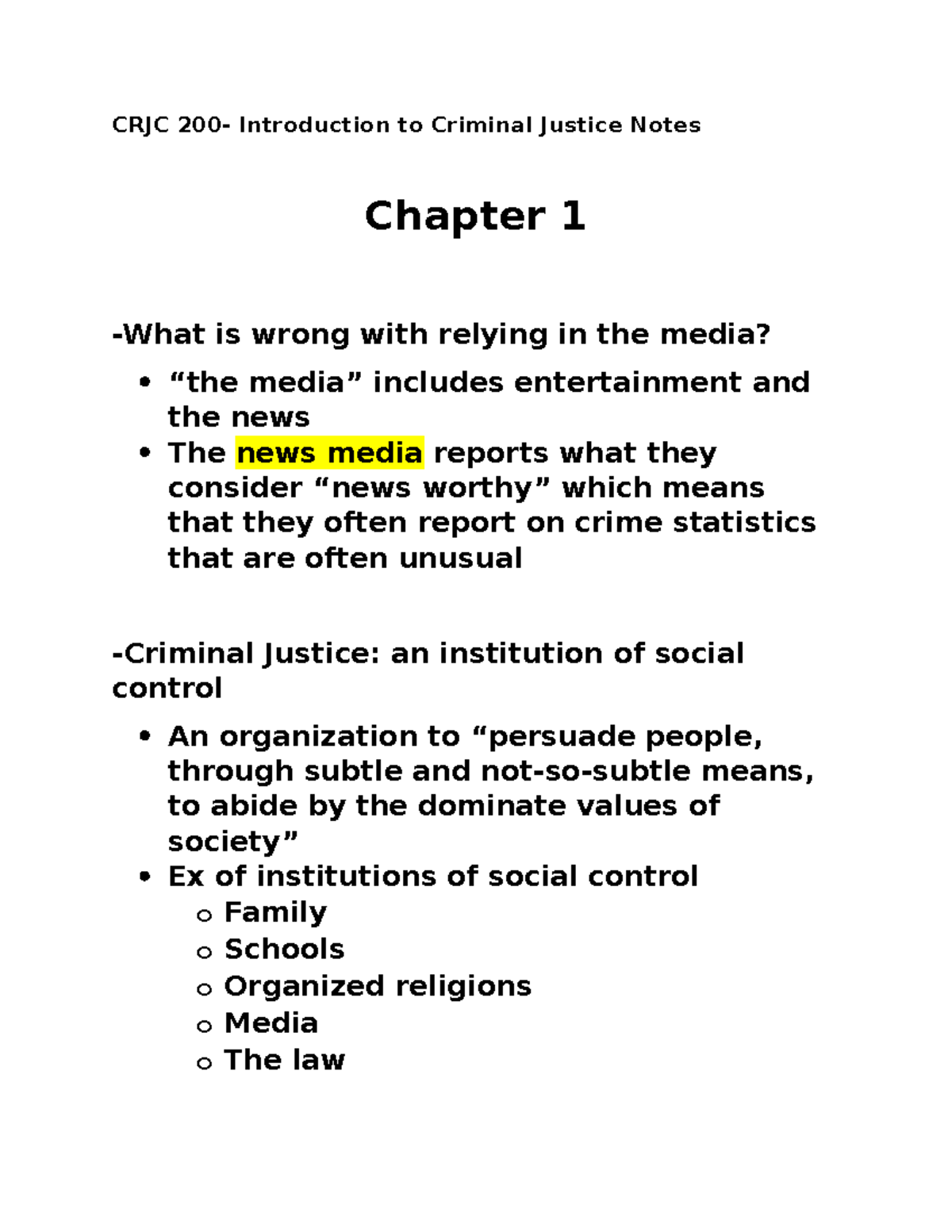 Chapter 1 - CRJC 200 - CRJC 200- Introduction to Criminal Justice Notes ...