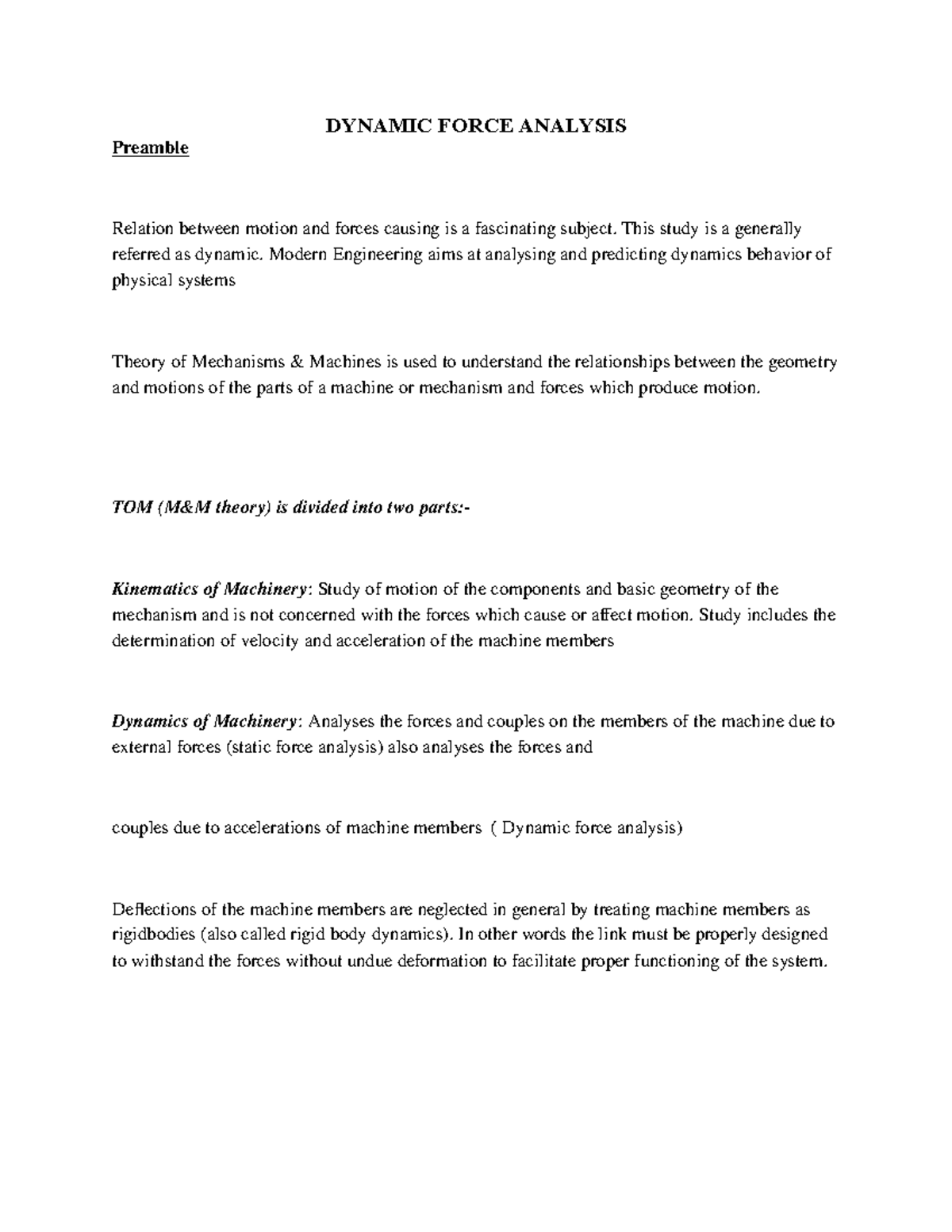 Session 001 - ..notes - Preamble DYNAMIC FORCE ANALYSIS Relation ...