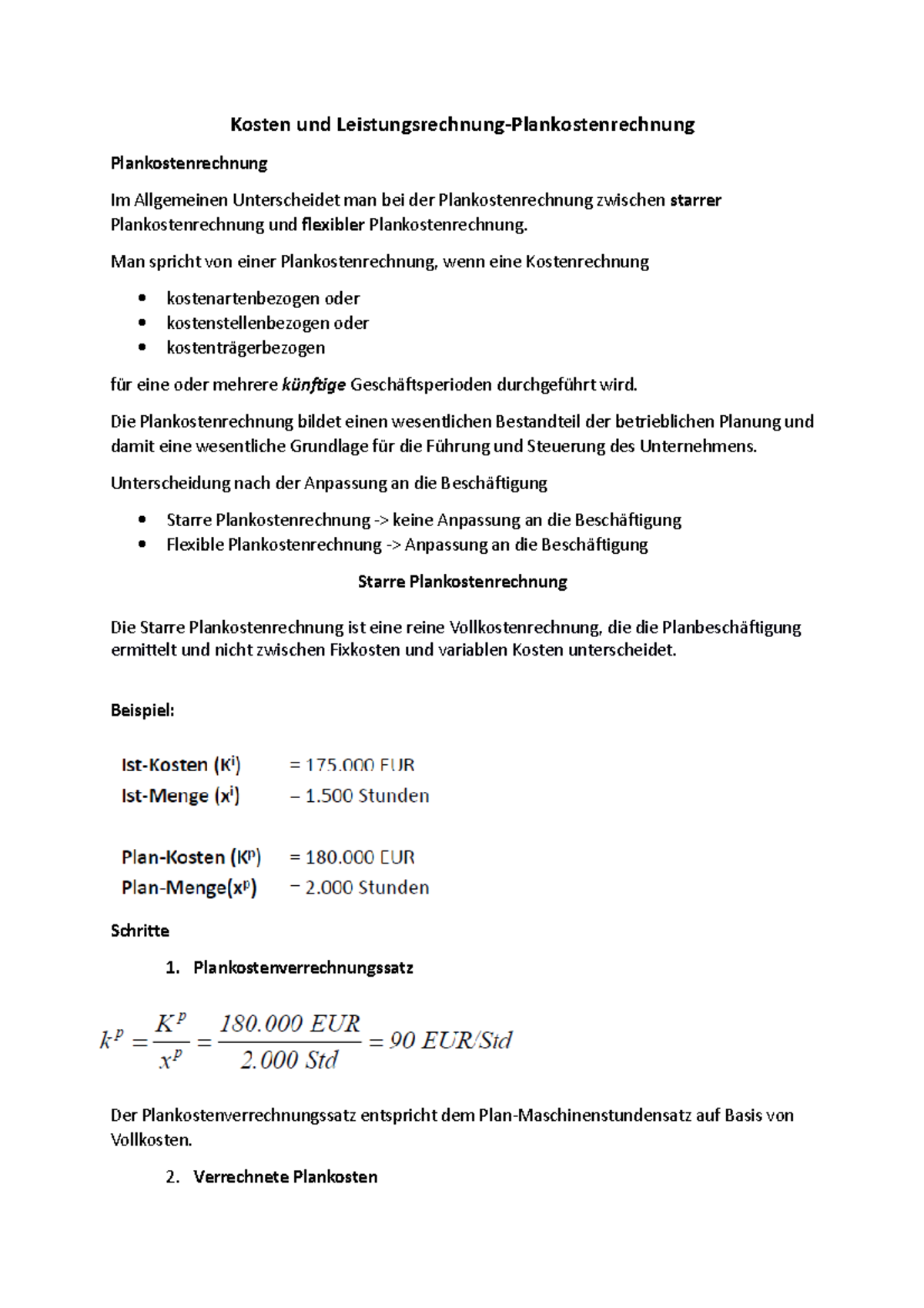 Lernzettel Nr.9 - Plankostenrechnung - Kosten und Leistungsrechnung ...