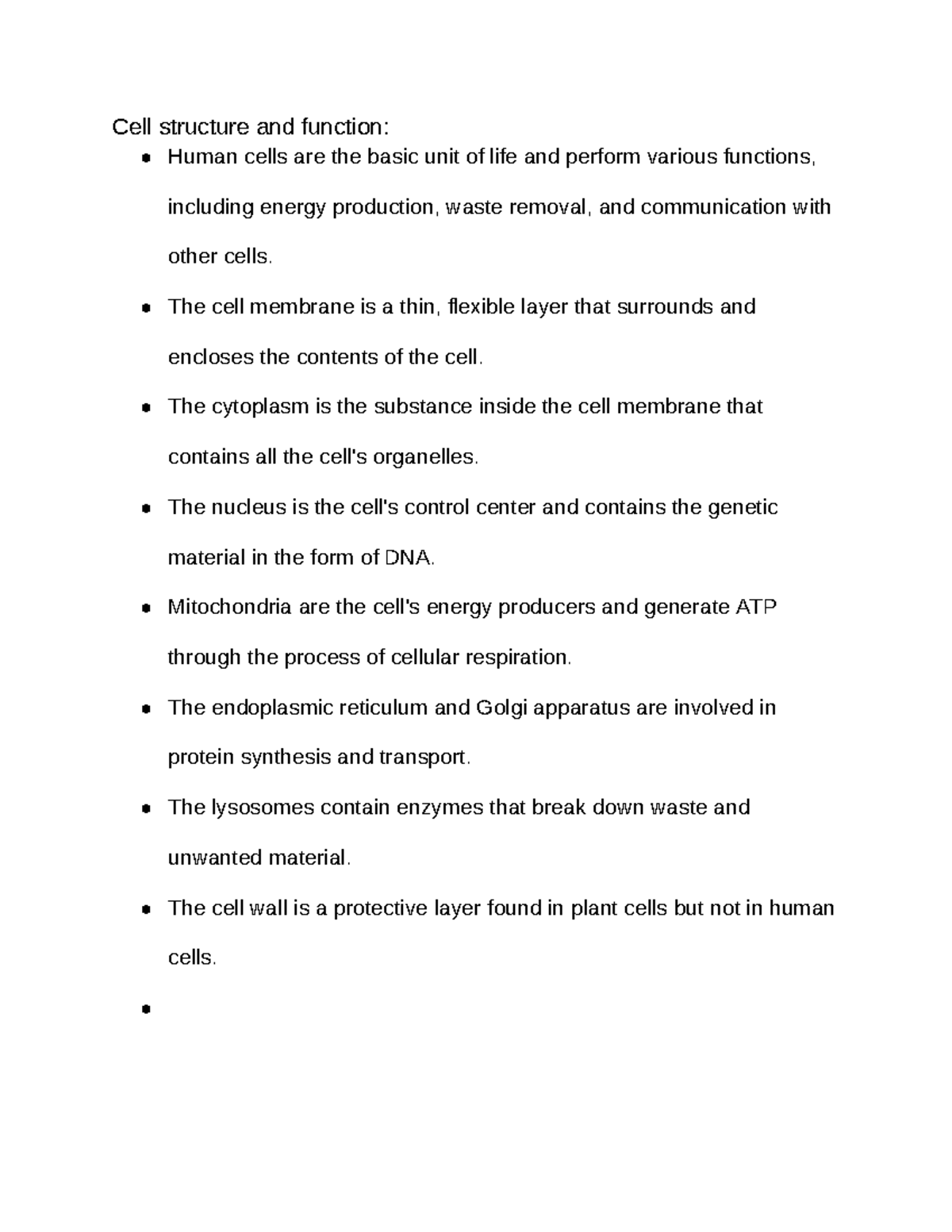 Cell structure and function Human Biology - Google Docs - Cell ...