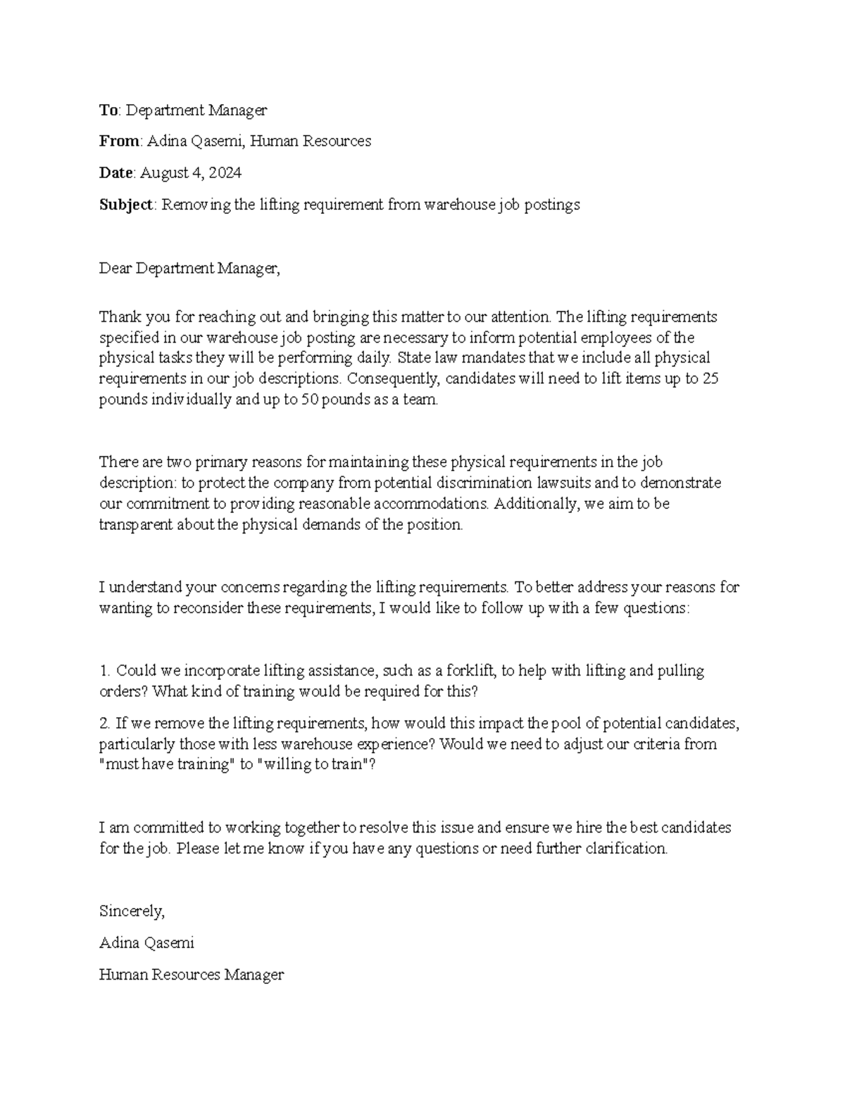 5-2 revised - Assignment - To: Department Manager From: Adina Qasemi ...