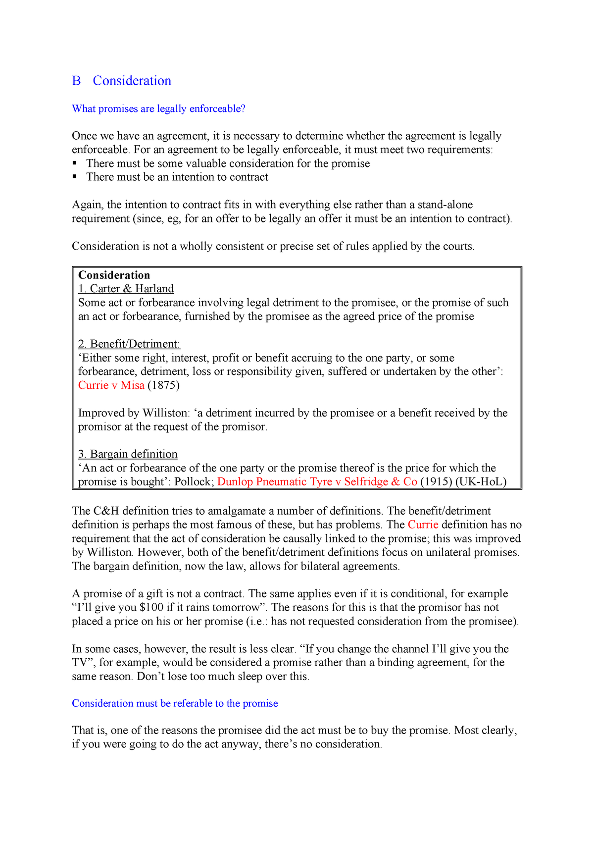 Consideration - Contract Laws [cases] [notes] - B Consideration What ...