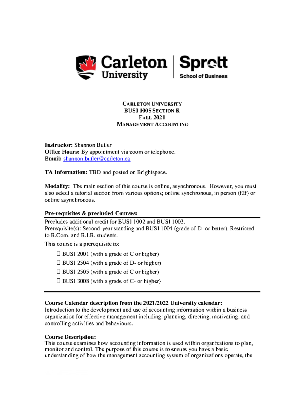 Course Outline BUSI1005 Fall2021 Final - CARLETON UNIVERSITY BUSI 1005 ...