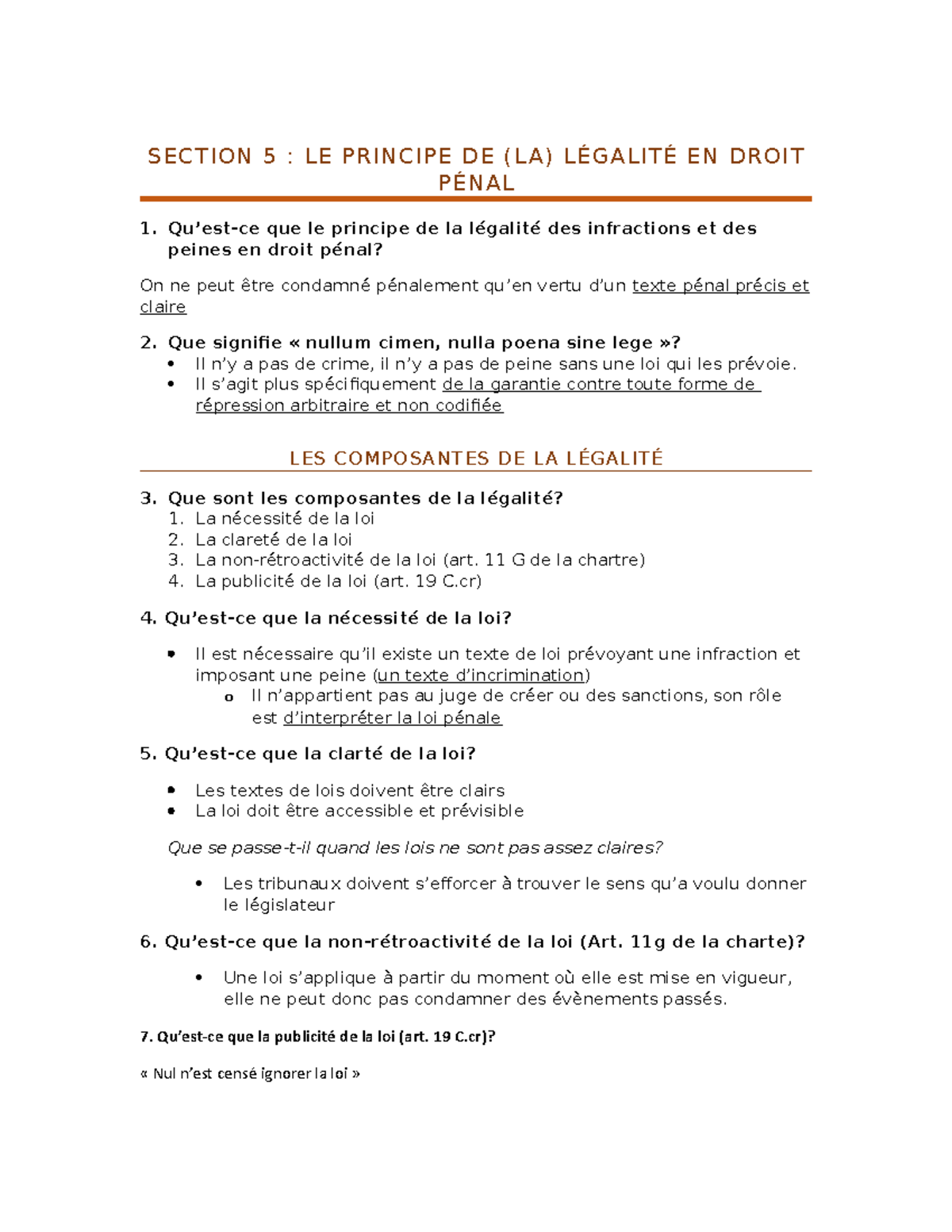 Justice criminelle Guide examen final SECTION 5 LE PRINCIPE DE (LA) LÉGALITÉ EN DROIT